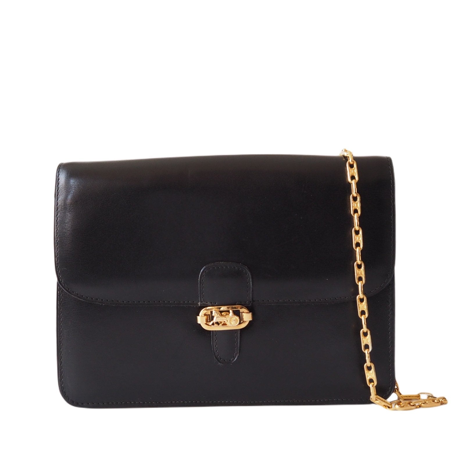 CELINE Sulky Metal Parts Chain Shoulder bag Calf leather Black GHW Authentic Vintage Classical