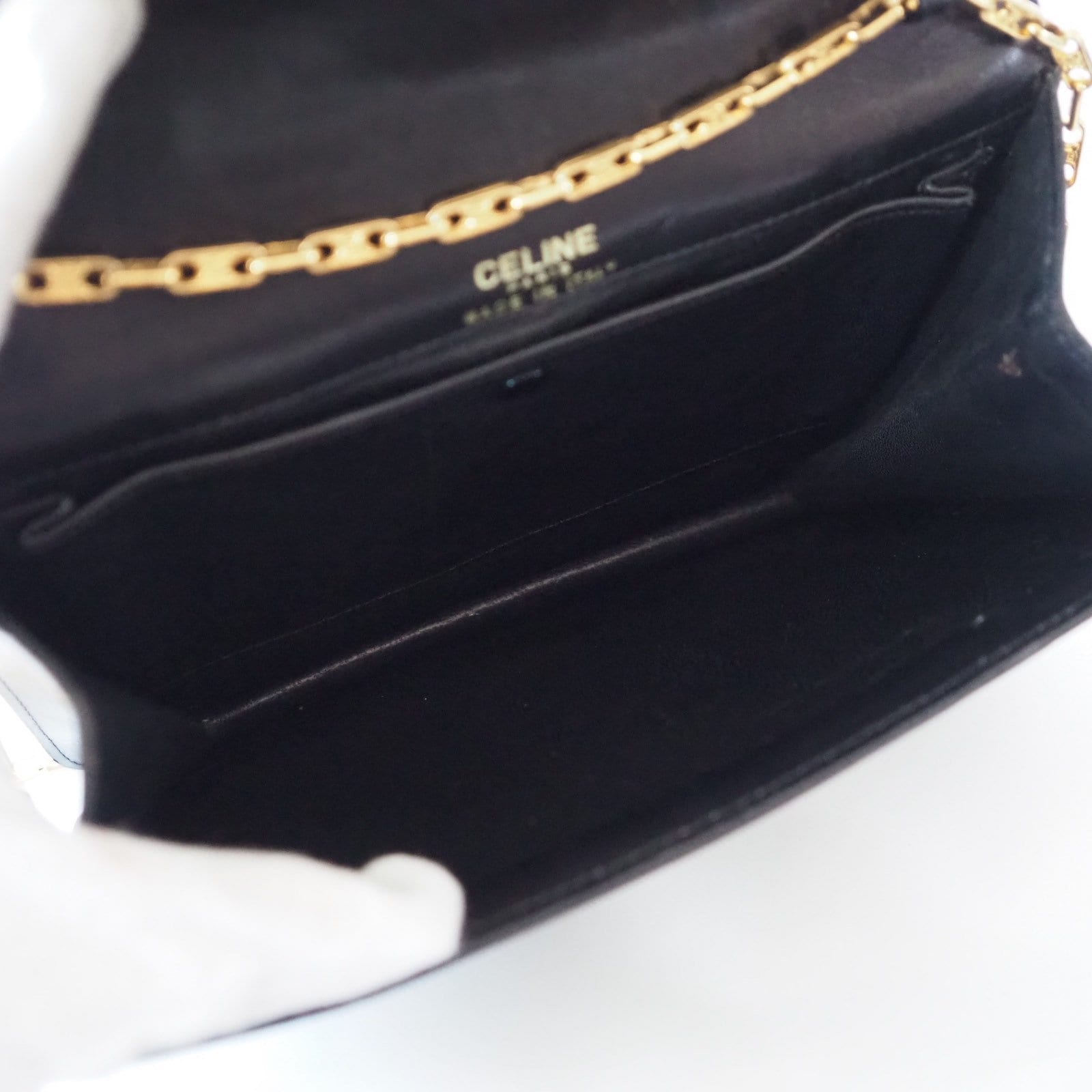 CELINE Sulky Metal Parts Chain Shoulder bag Calf leather Black GHW Authentic Vintage Classical