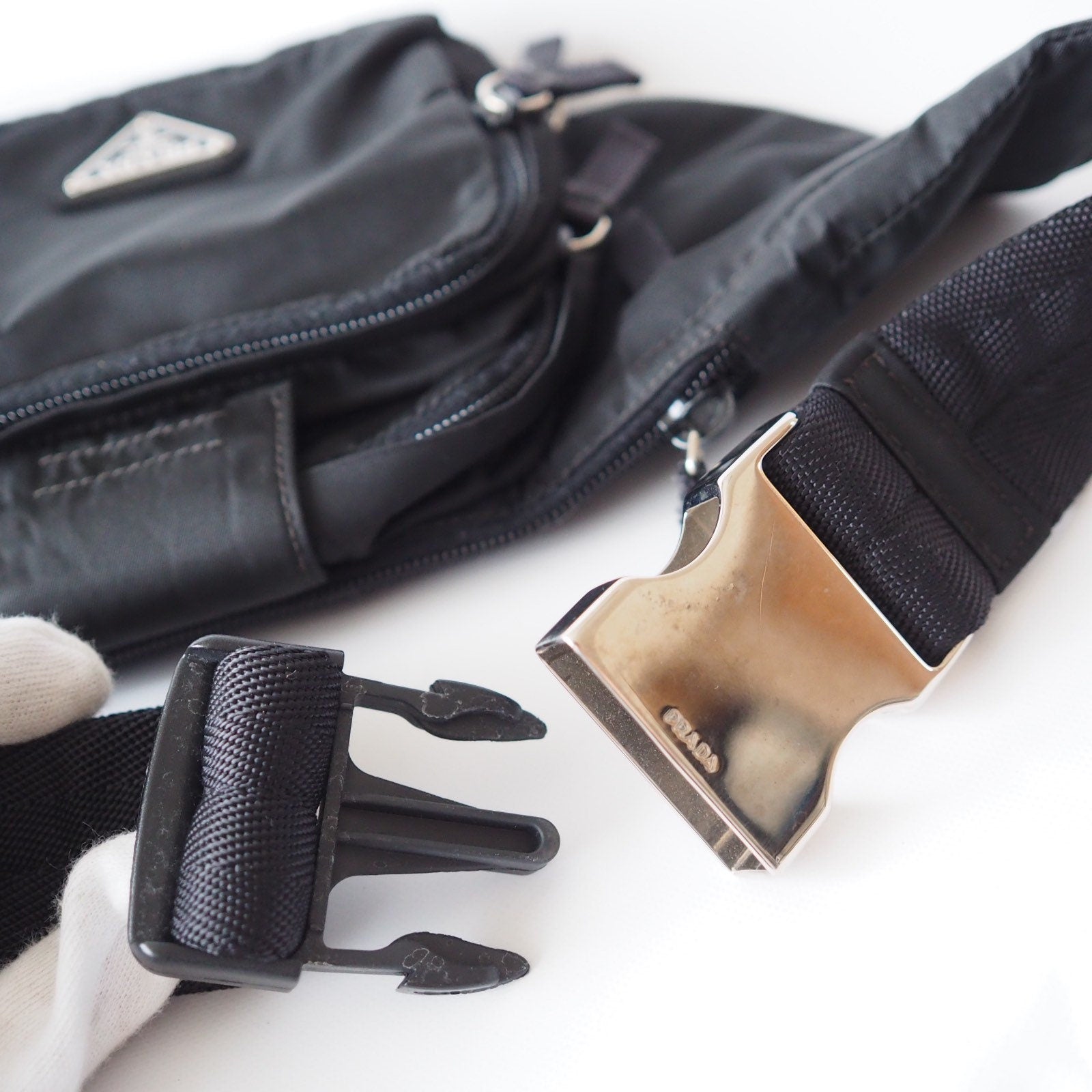 PRADA Nylon Body Bag Waist Pouch Black Logo Purse Authentic