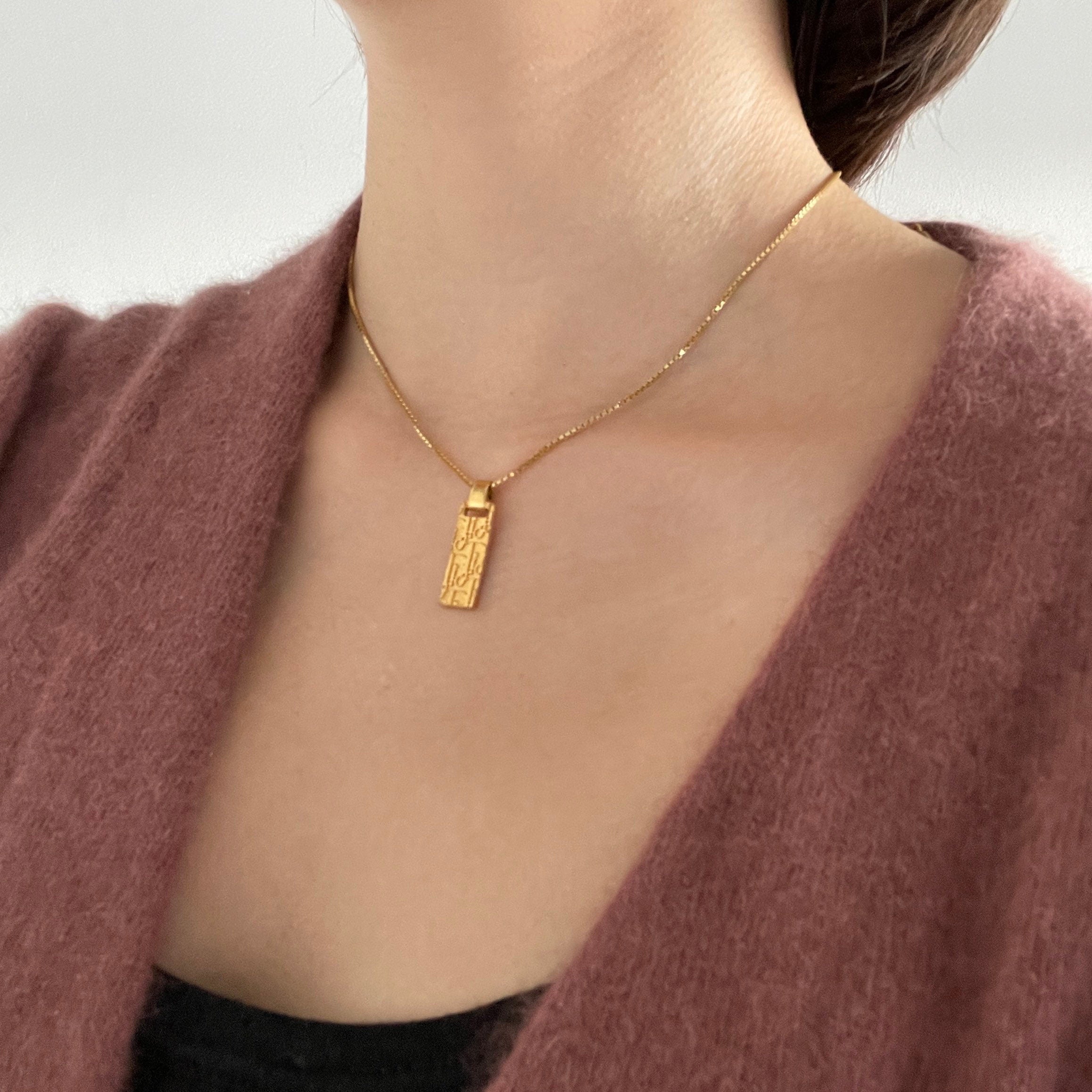 Christian Dior Necklace Reversible Trotter Logo Vintage Metal Gold Authentic