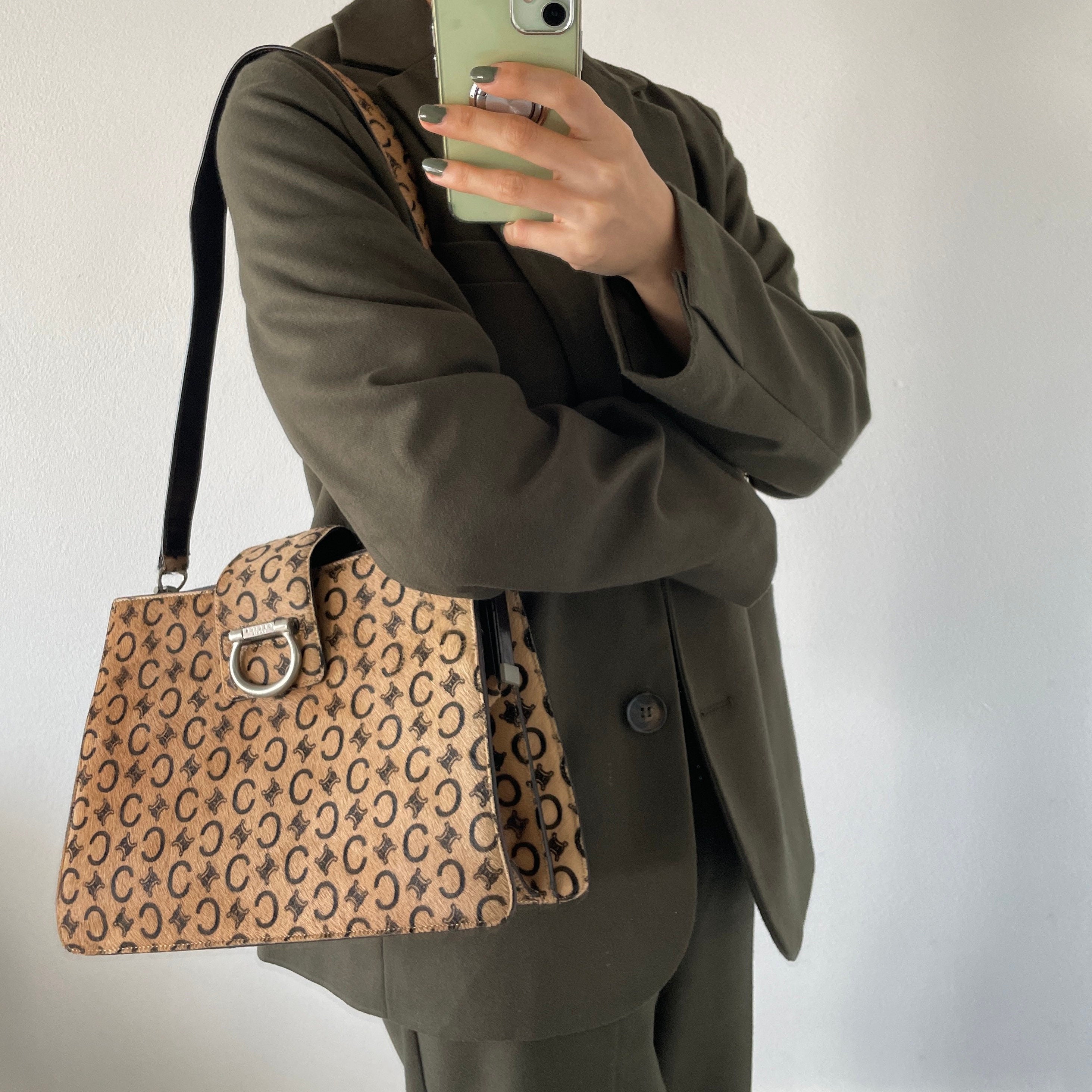 CELINE Macadam Shoulder Bag Horse hair Beige Vintage Authentic