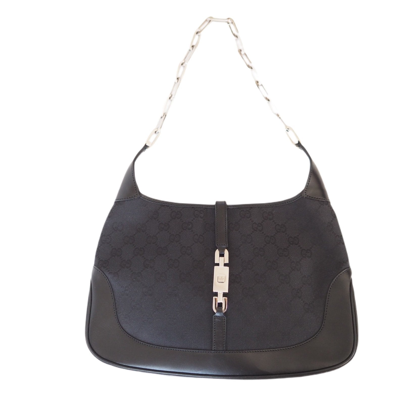 GUCCI Jackie GG Leather Canvas Chain Shoulder Bag Black Authentic