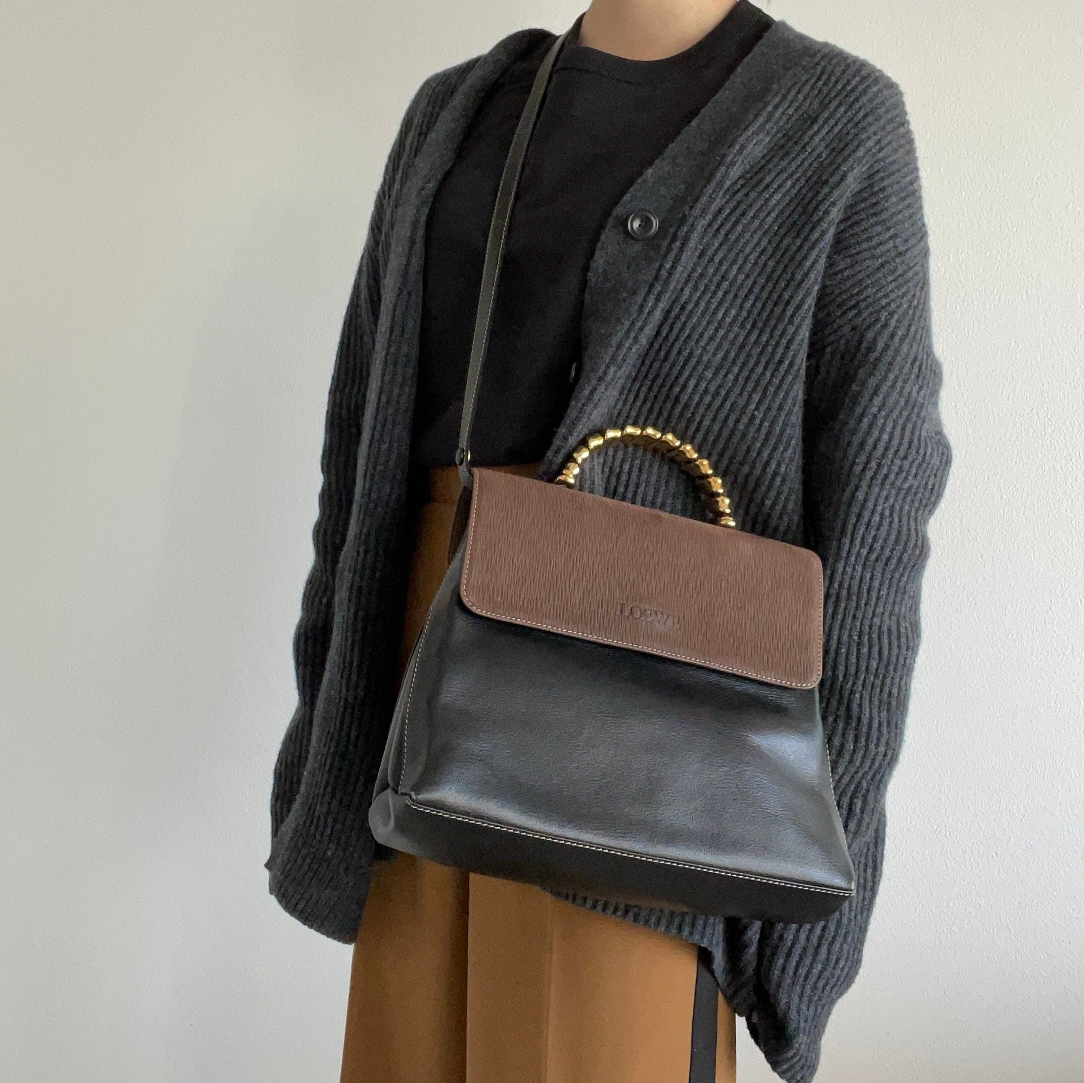 Authentic LOEWE VELAZQUEZ 2way Hand Bag Black Brown Combi Leather Vintage