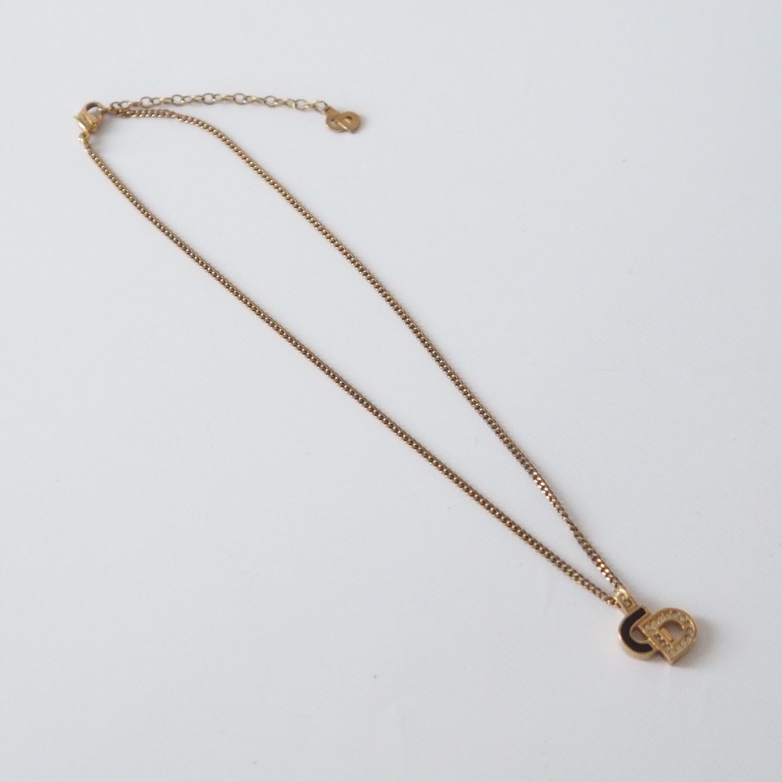 Christian Dior Necklace CD Logo Rhinestone Vintage Metal Gold Authentic
