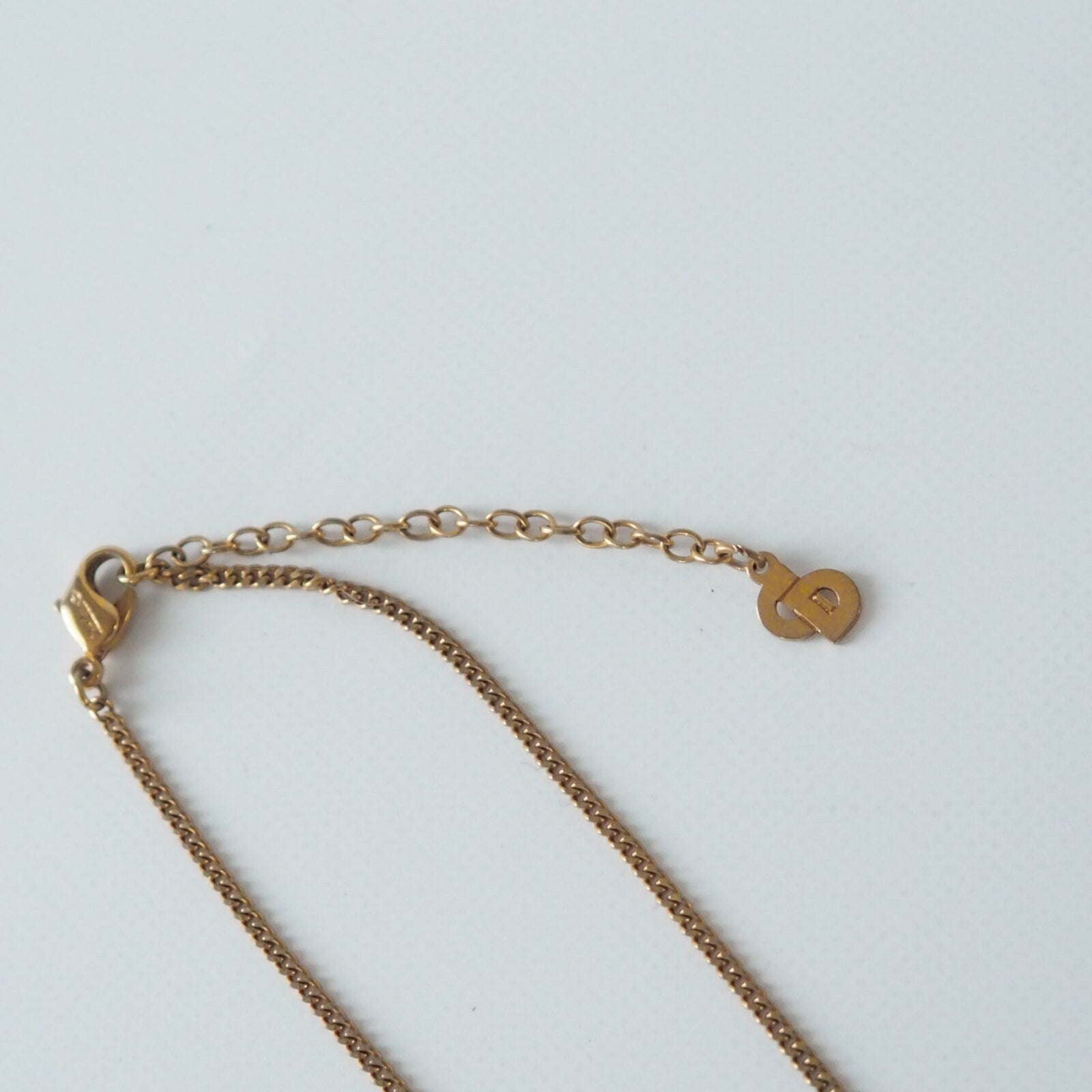 Christian Dior Necklace CD Logo Rhinestone Vintage Metal Gold Authentic