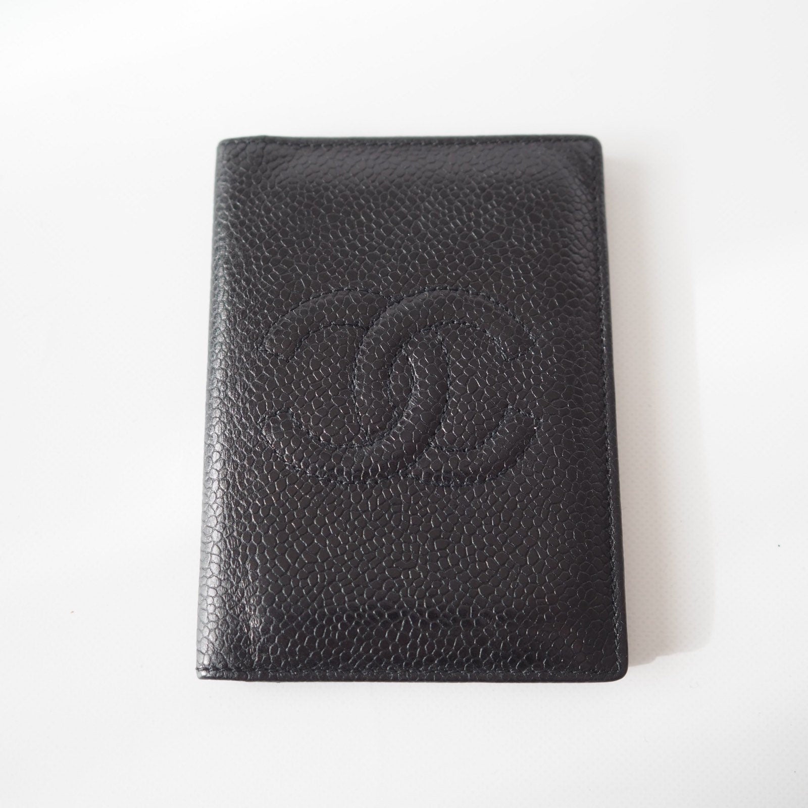 CHANEL Card Case Purse Caviar Skin CC Leather Black Authentic Vintage Box