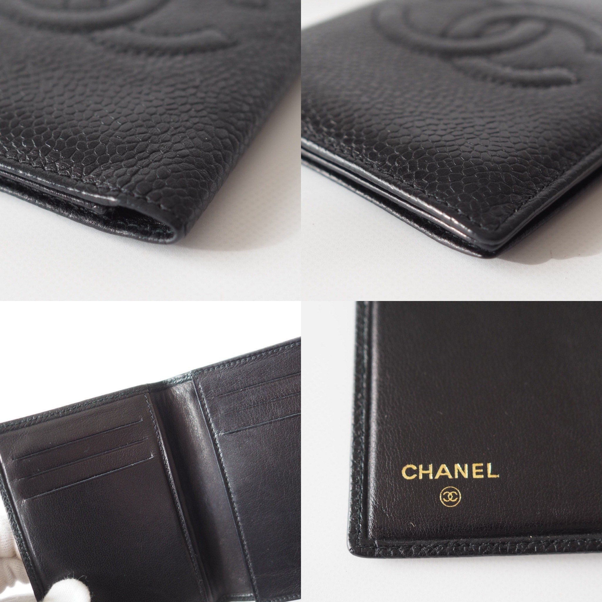 CHANEL Card Case Purse Caviar Skin CC Leather Black Authentic Vintage Box
