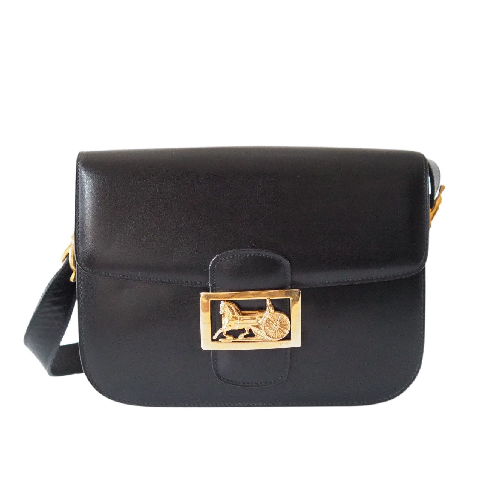 CELINE Sulky Metal parts Flap Shoulder bag Calf leather Black GHW Authentic Vintage Classical