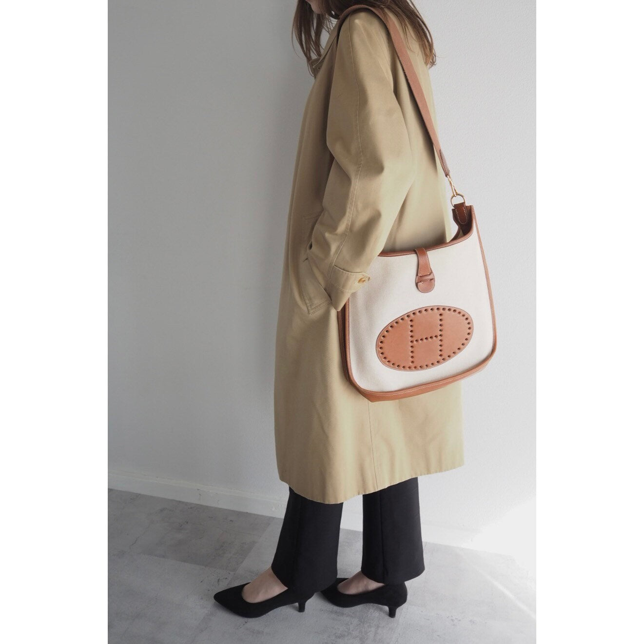 HERMES Evelyne GM Brown Canvas Leather Shoulder Bag Authentic