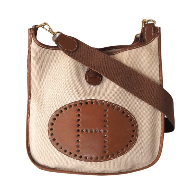 HERMES Evelyne GM Brown Canvas Leather Shoulder Bag Authentic