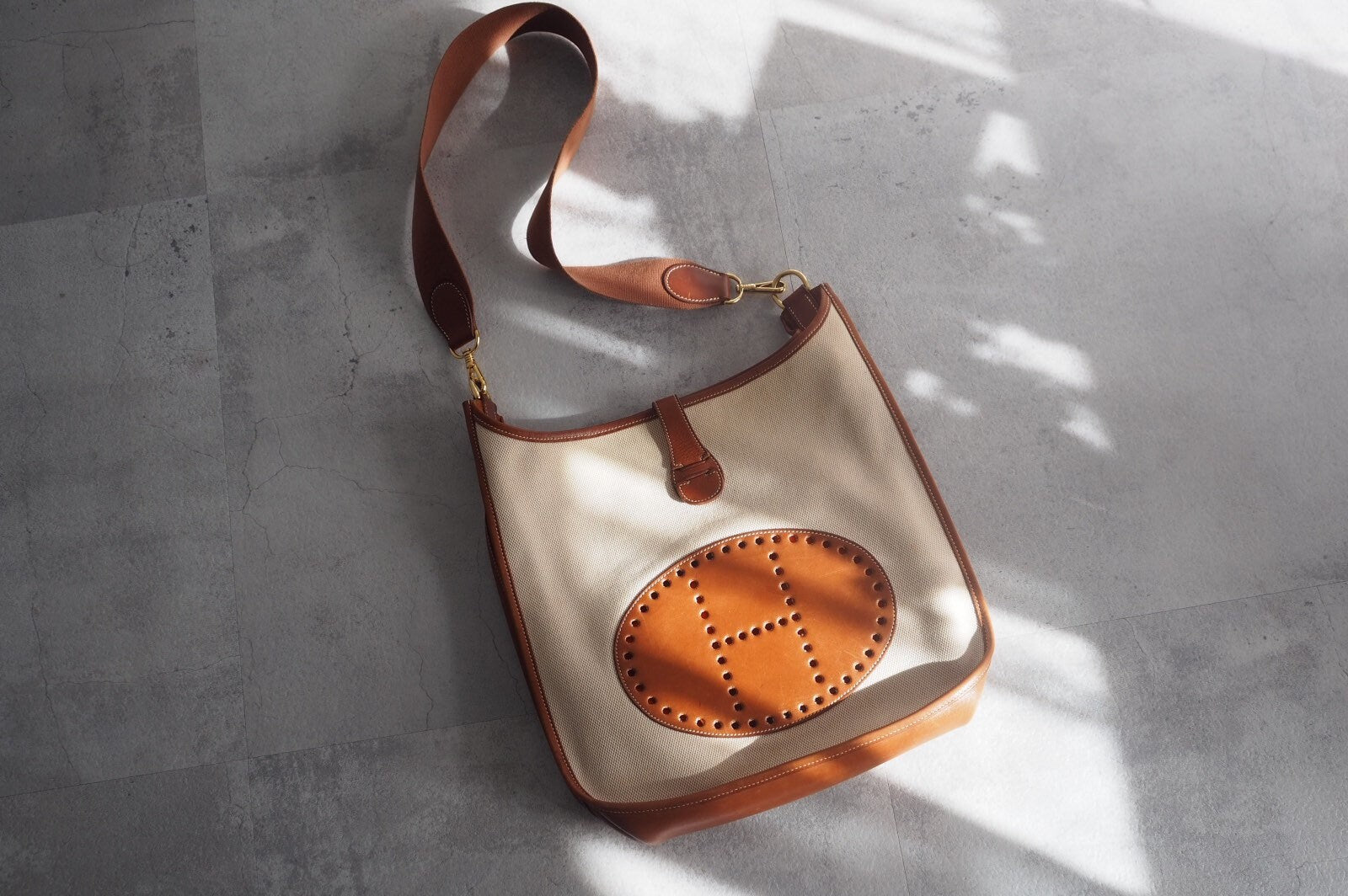 HERMES Evelyne GM Brown Canvas Leather Shoulder Bag Authentic