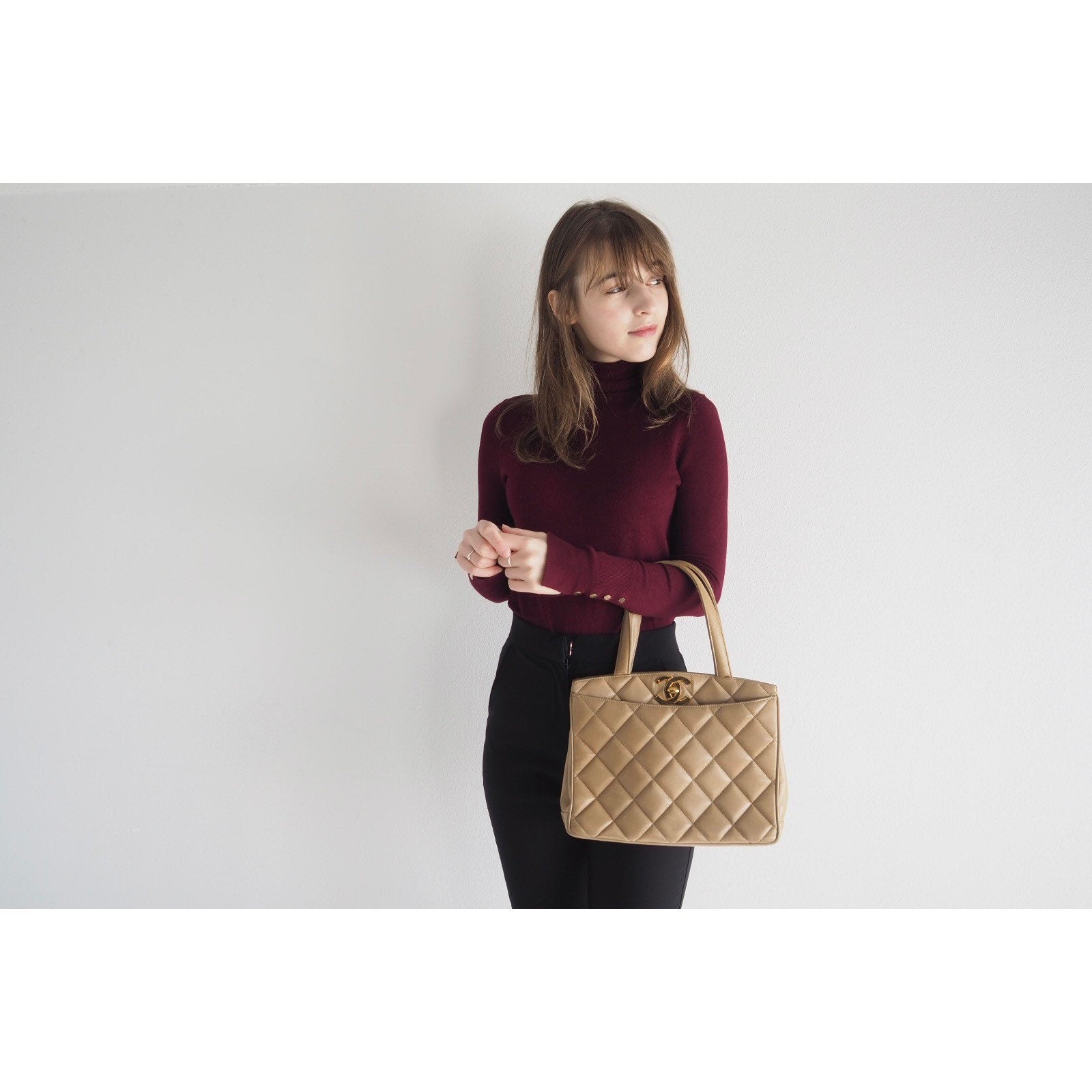 CHANEL Hand Tote Bag Beige Quilted CC Authentic Vintage