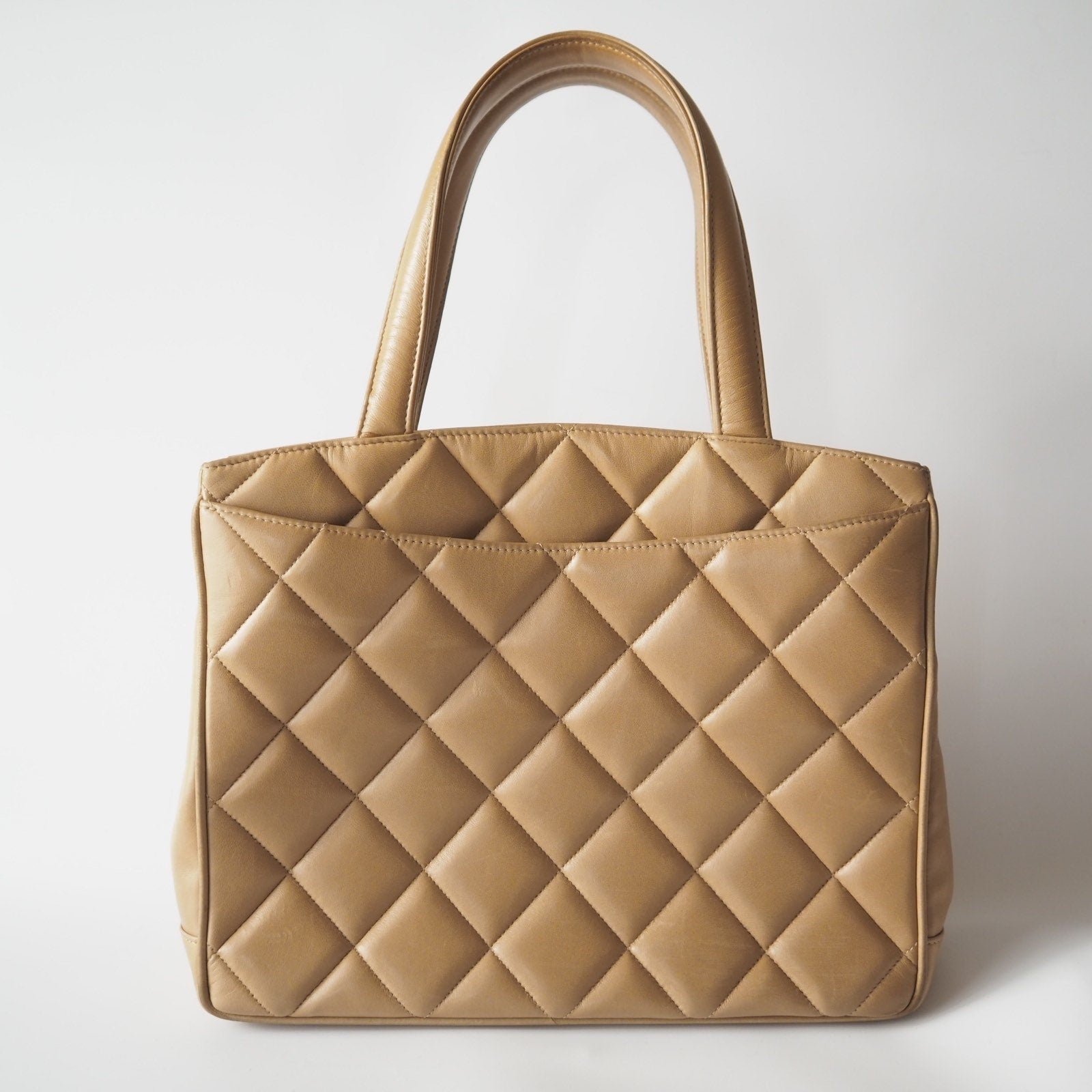 CHANEL Hand Tote Bag Beige Quilted CC Authentic Vintage