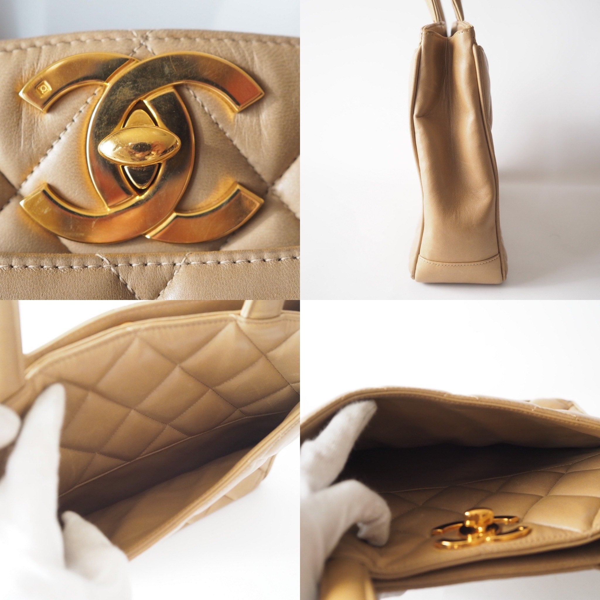 CHANEL Hand Tote Bag Beige Quilted CC Authentic Vintage