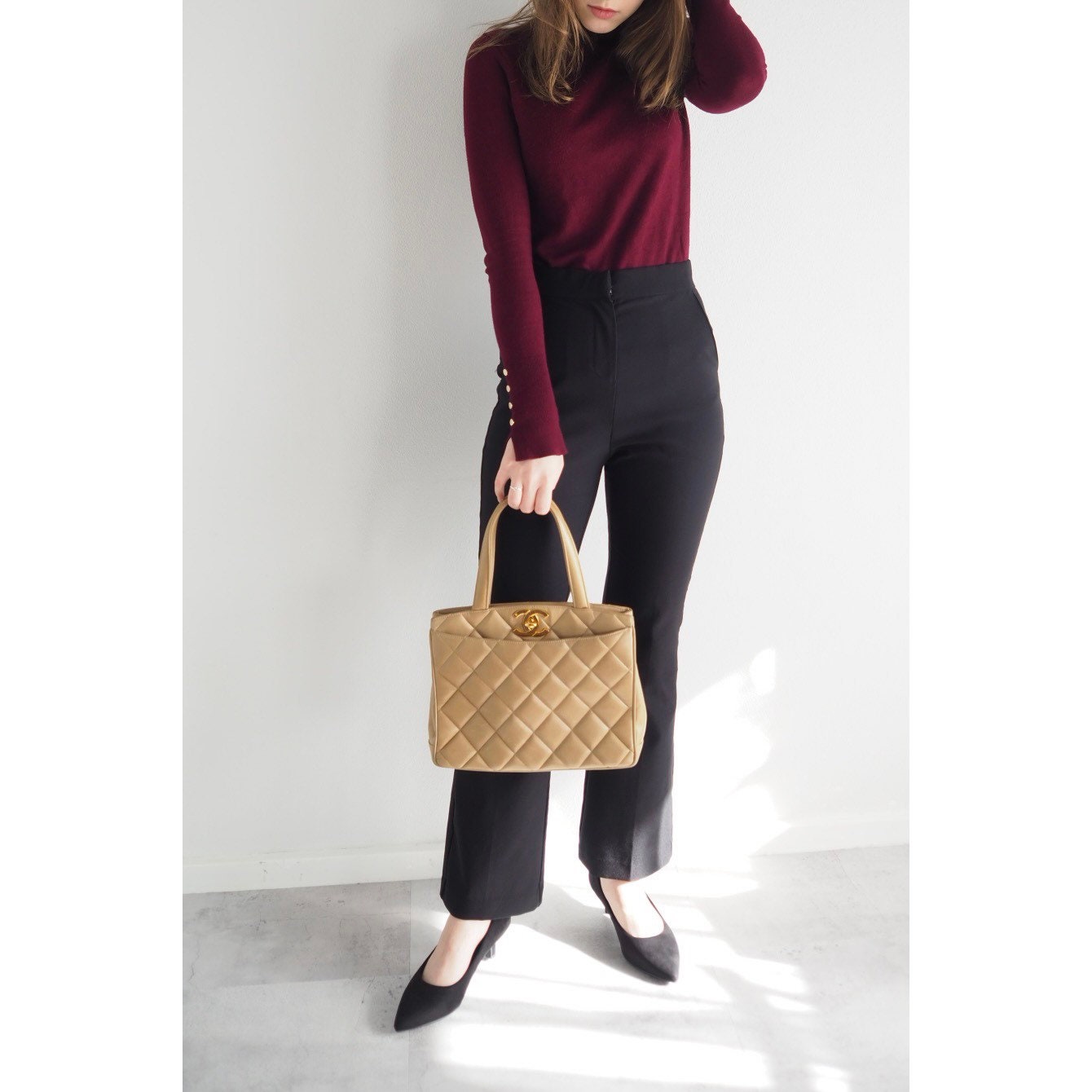 CHANEL Hand Tote Bag Beige Quilted CC Authentic Vintage