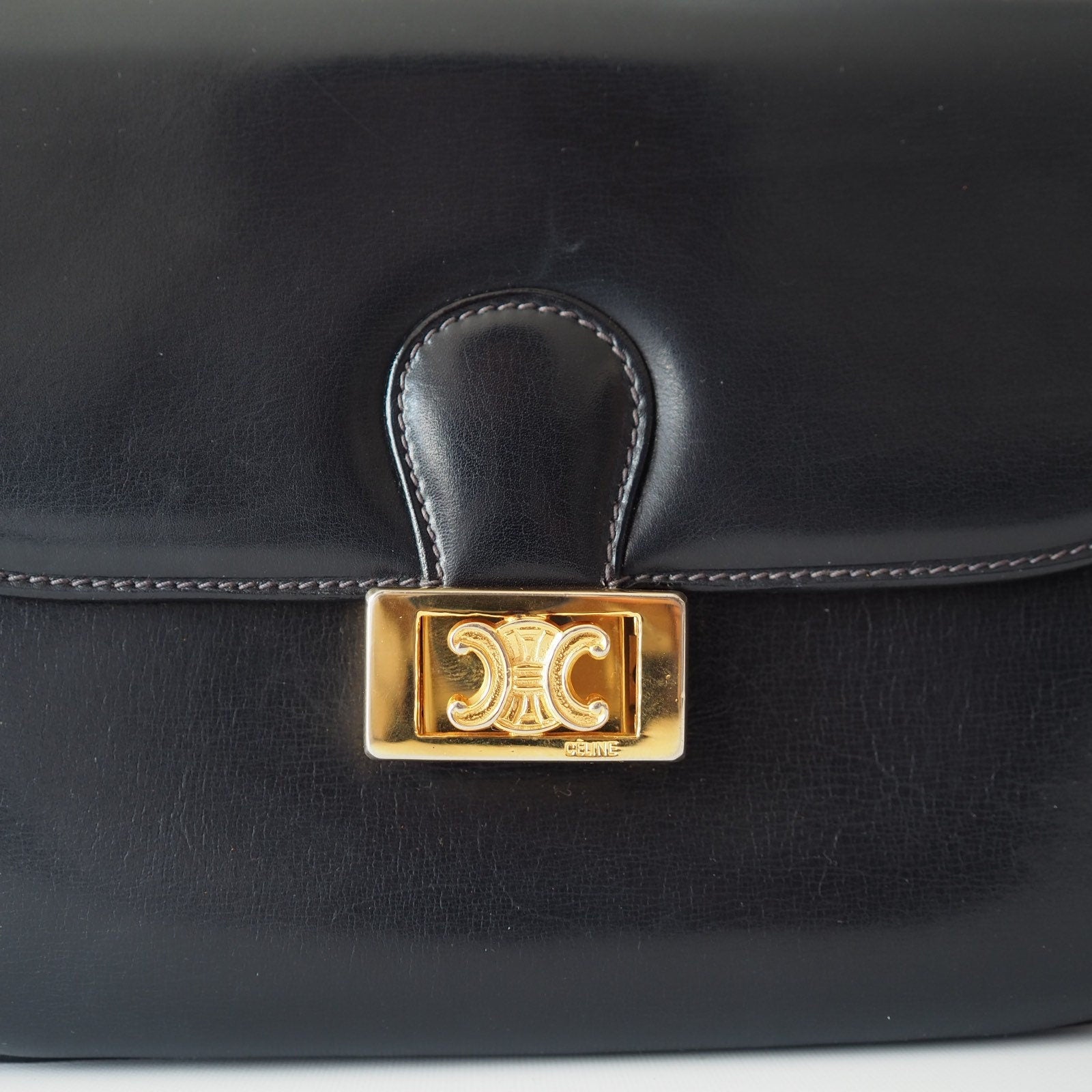 CELINE Macadam Brazon Metal Parts Flap Shoulder bag Calf leather Black GHW Authentic Vintage Classical