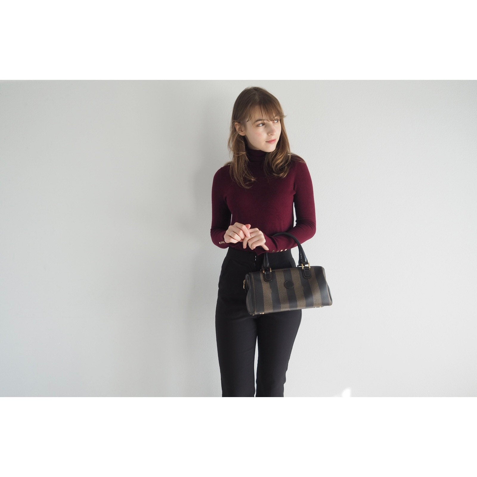 FENDI Pequin Hand Boston Bag Brown PVC Leather Vintage Auth