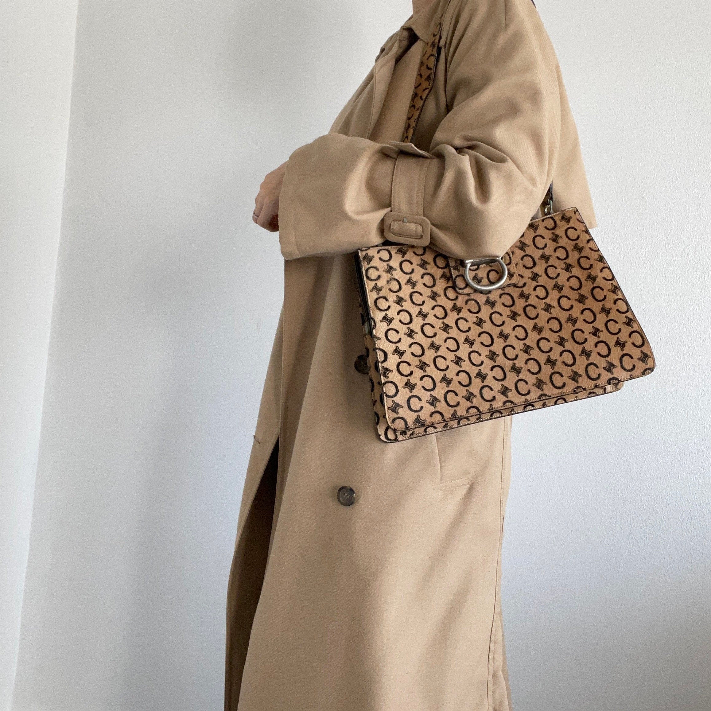 CELINE Macadam Shoulder Bag Horse hair Beige Vintage Authentic