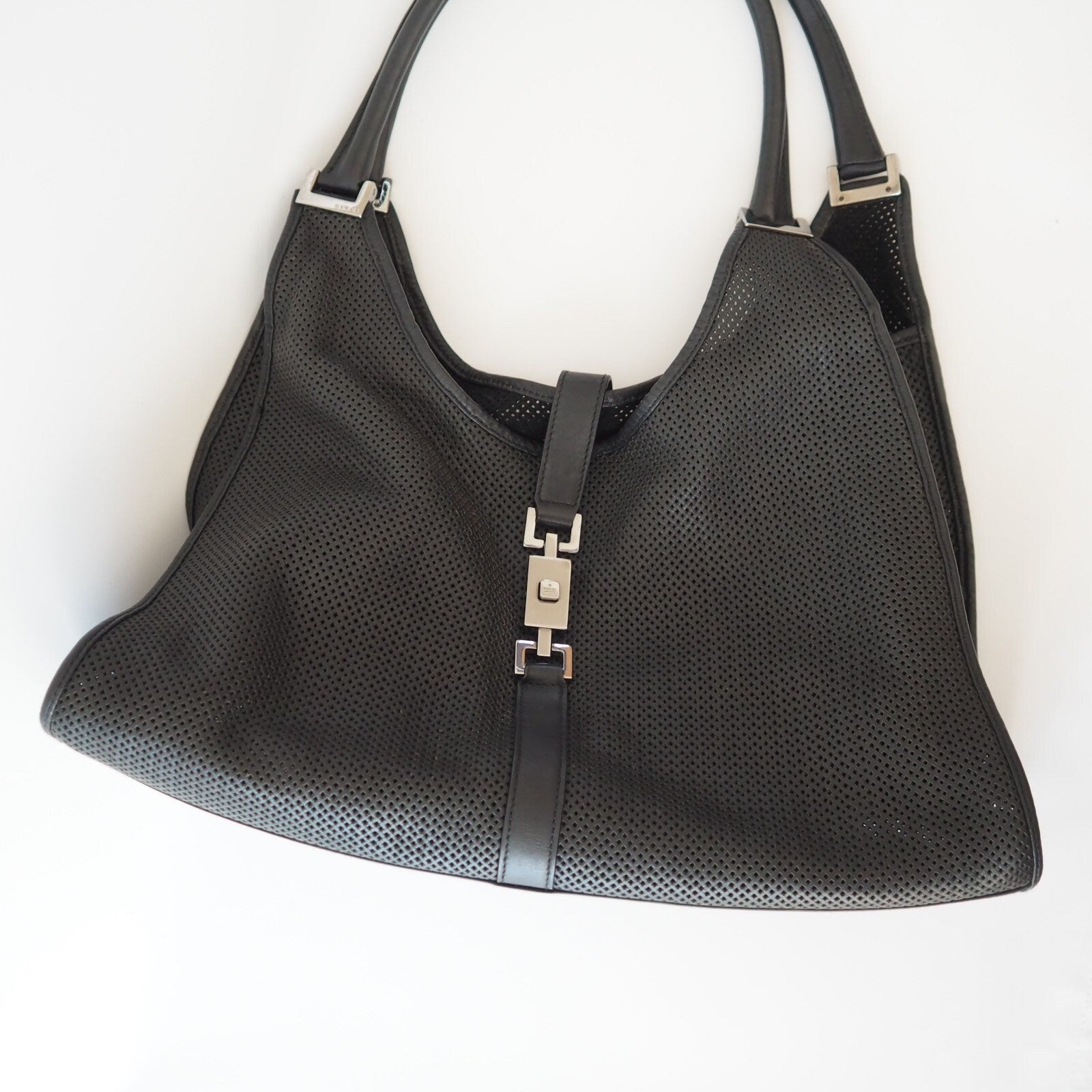 GUCCI Jackie Punching leather Shoulder Bag Black With Pouch Authentic