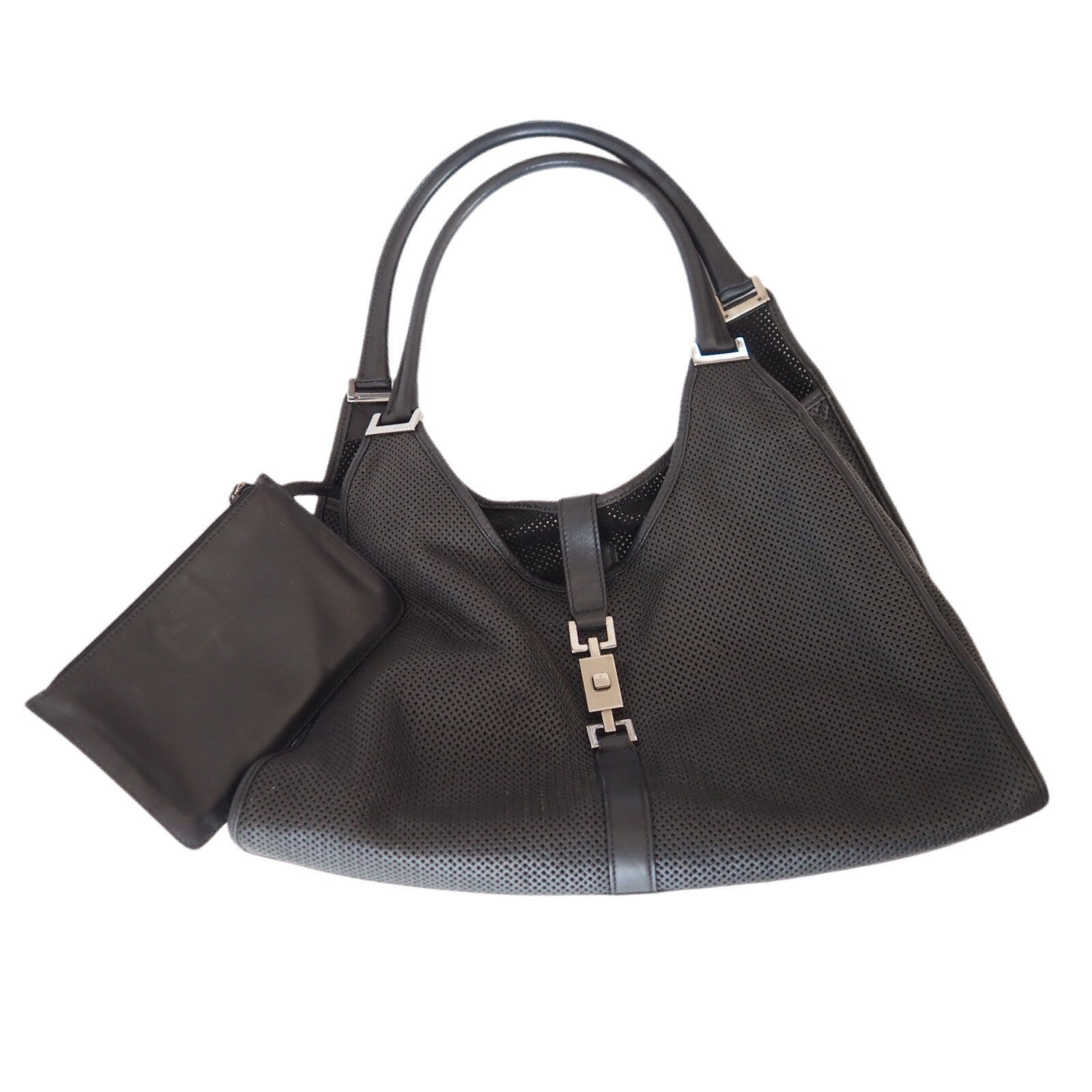 GUCCI Jackie Punching leather Shoulder Bag Black With Pouch Authentic