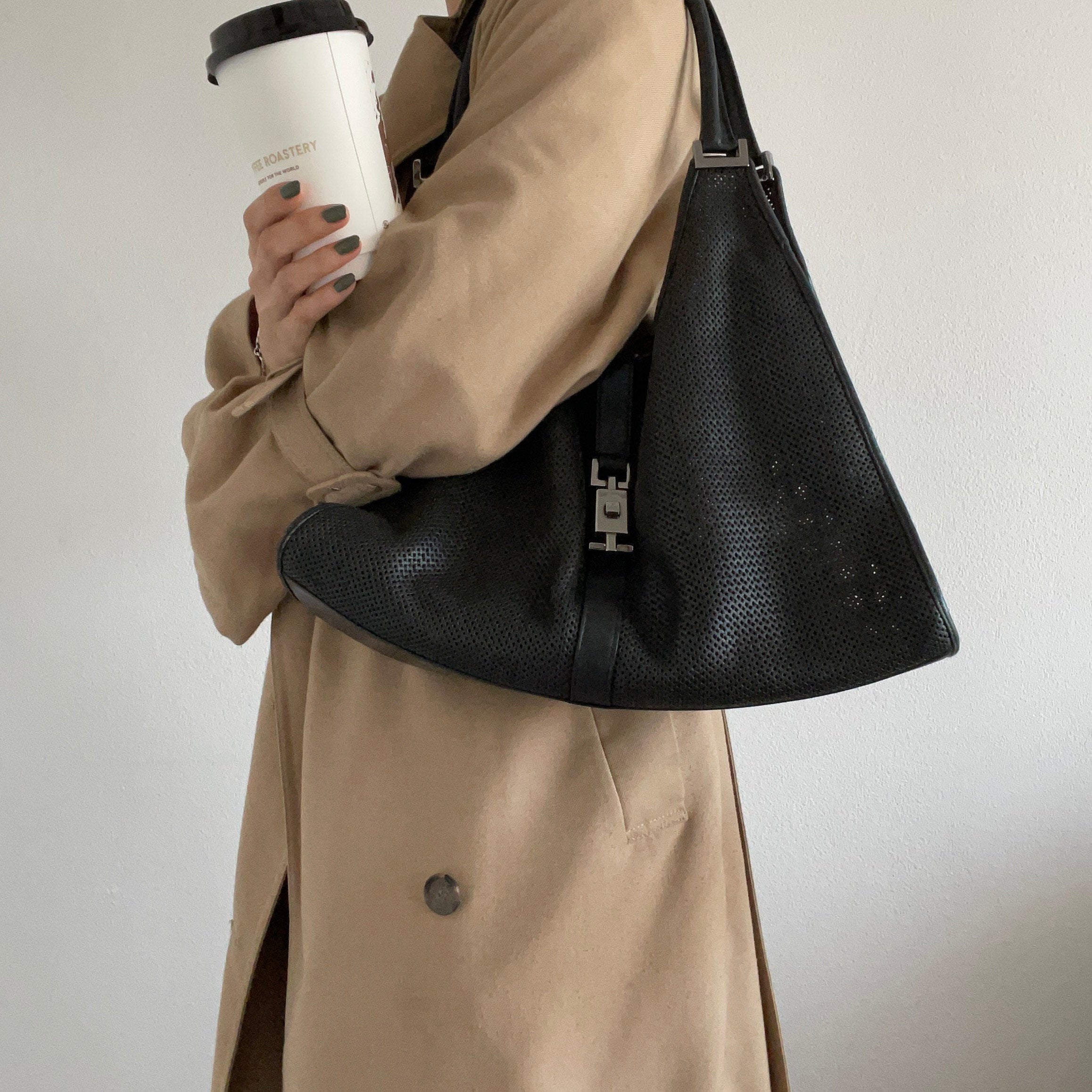 GUCCI Jackie Punching leather Shoulder Bag Black With Pouch Authentic