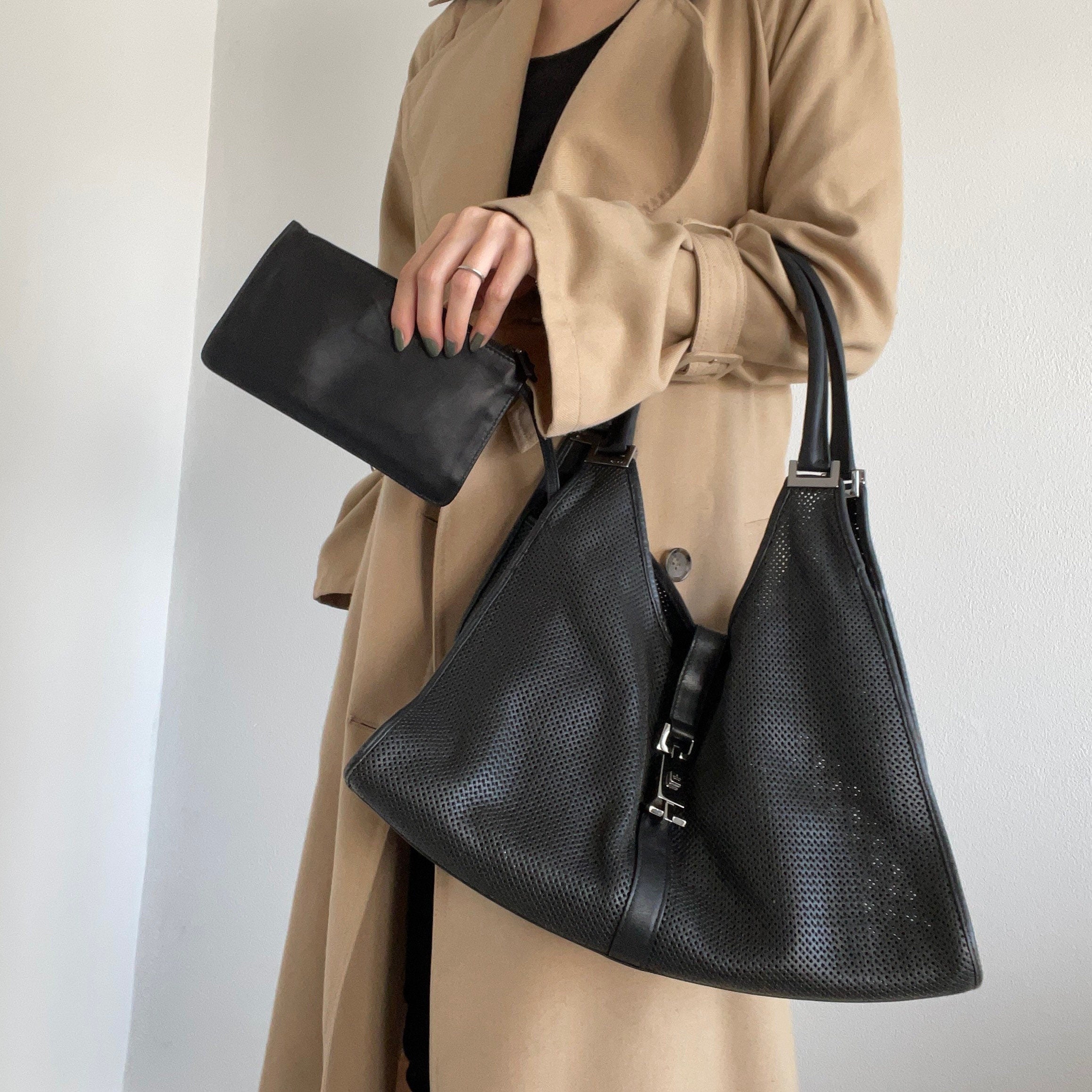 GUCCI Jackie Punching leather Shoulder Bag Black With Pouch Authentic