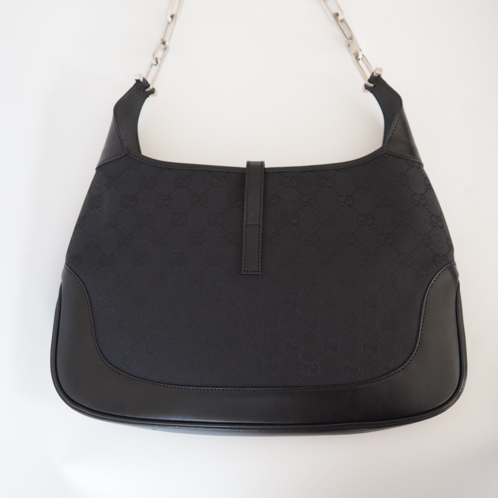 GUCCI Jackie GG Leather Canvas Chain Shoulder Bag Black Authentic
