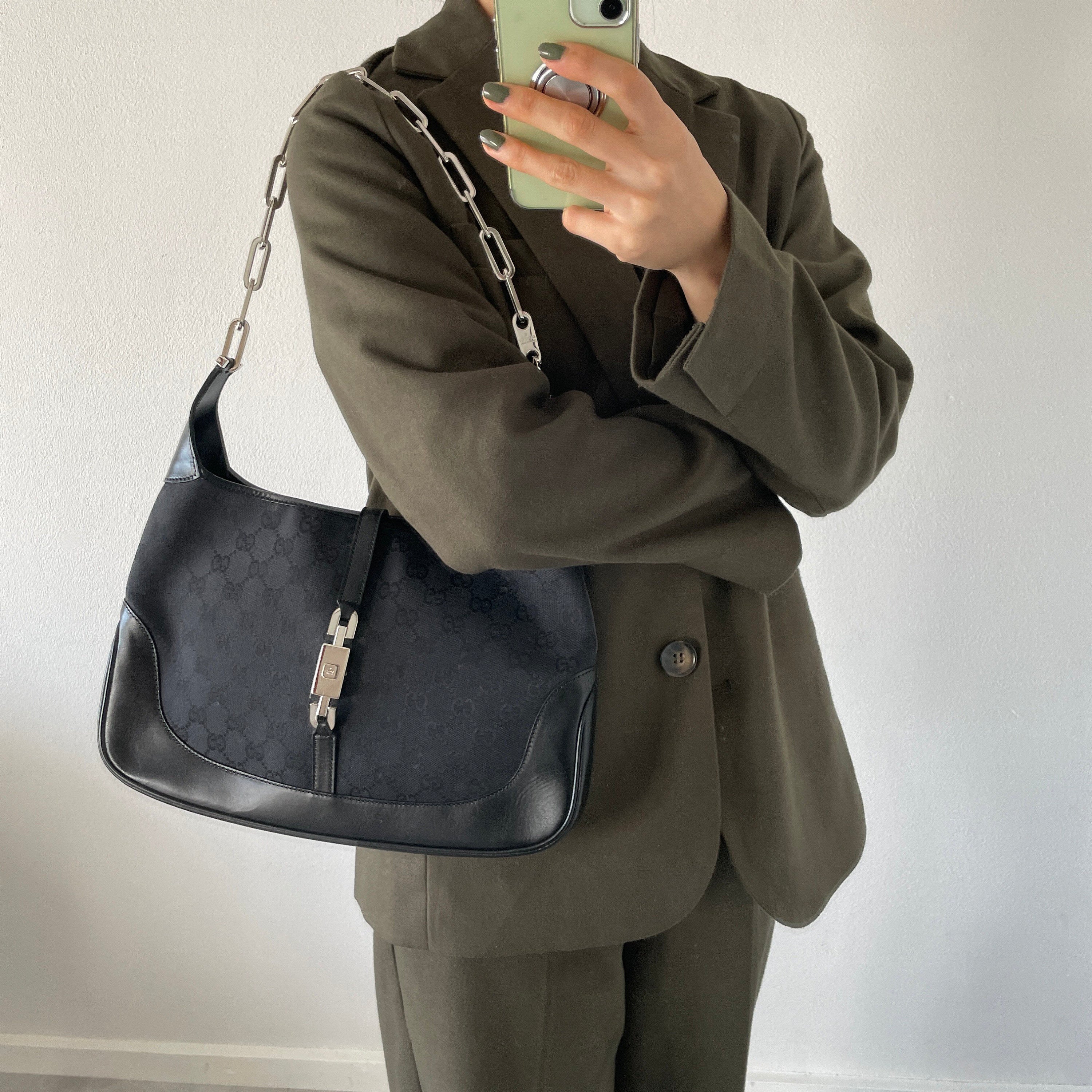 GUCCI Jackie GG Leather Canvas Chain Shoulder Bag Black Authentic