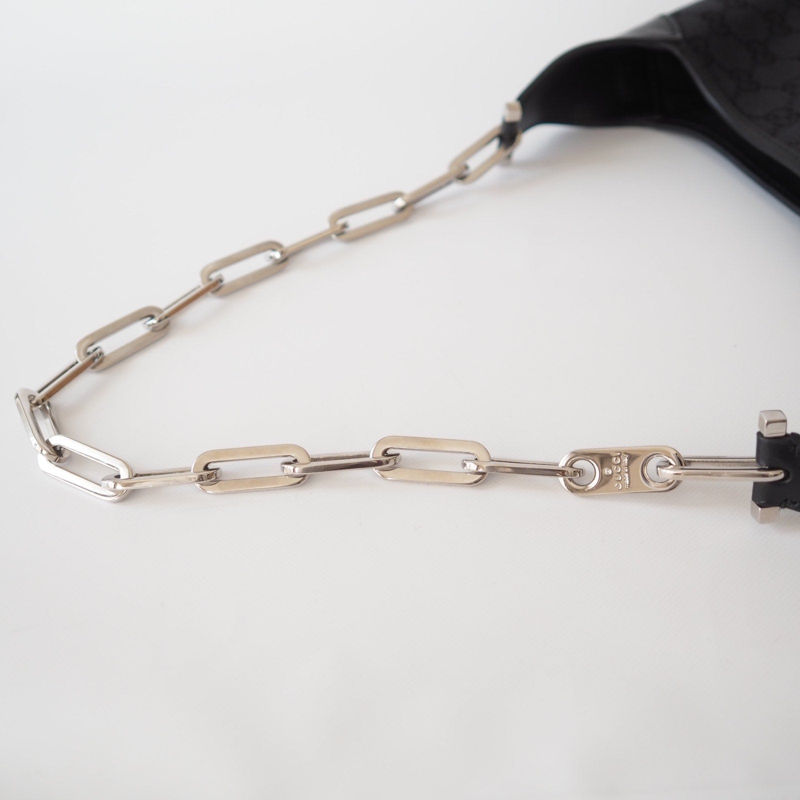 GUCCI Jackie GG Leather Canvas Chain Shoulder Bag Black Authentic