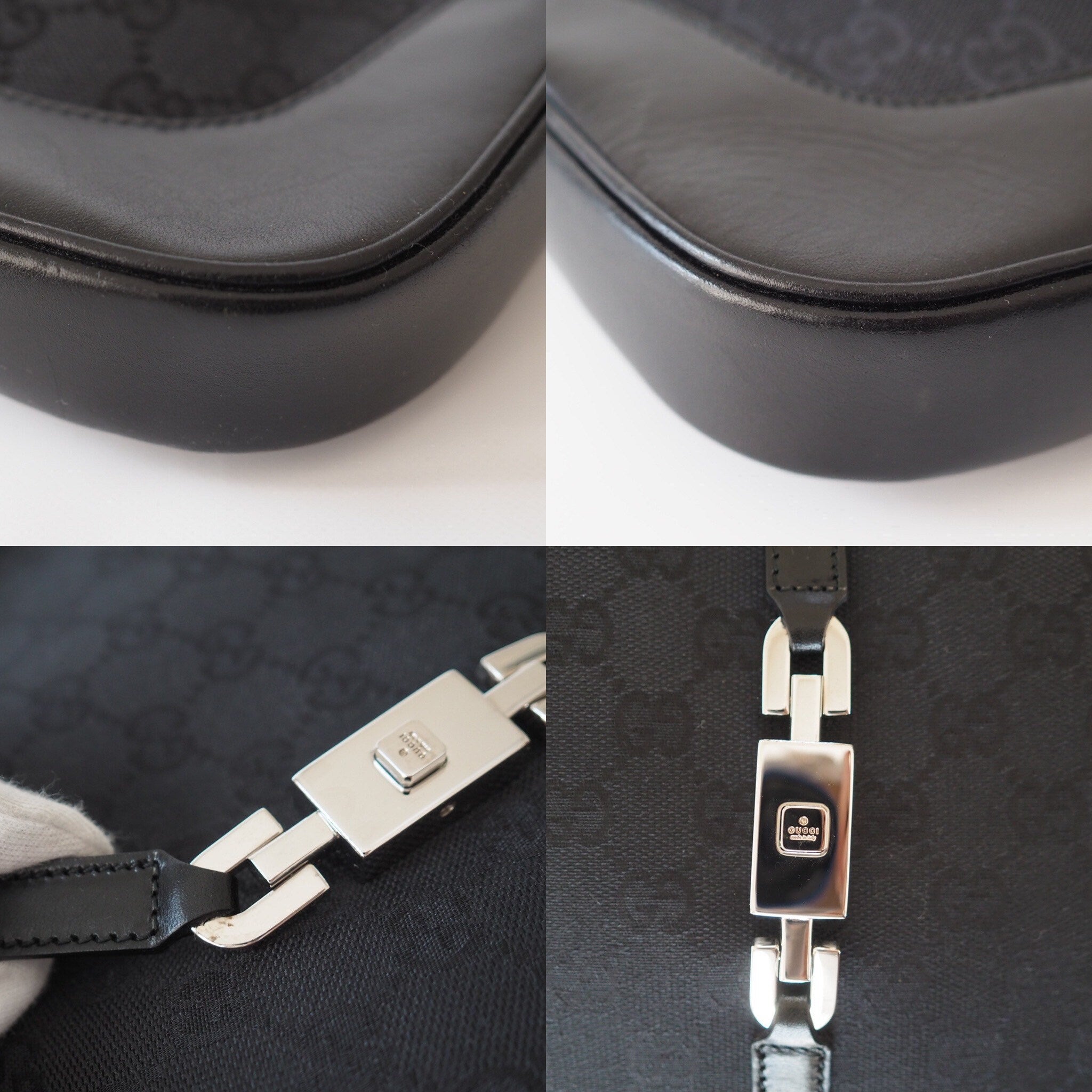 GUCCI Jackie GG Leather Canvas Chain Shoulder Bag Black Authentic