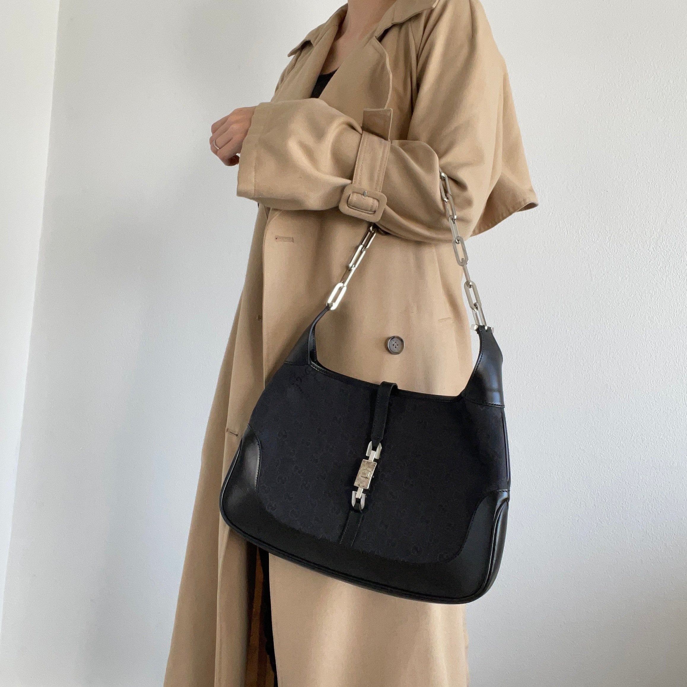 GUCCI Jackie GG Leather Canvas Chain Shoulder Bag Black Authentic