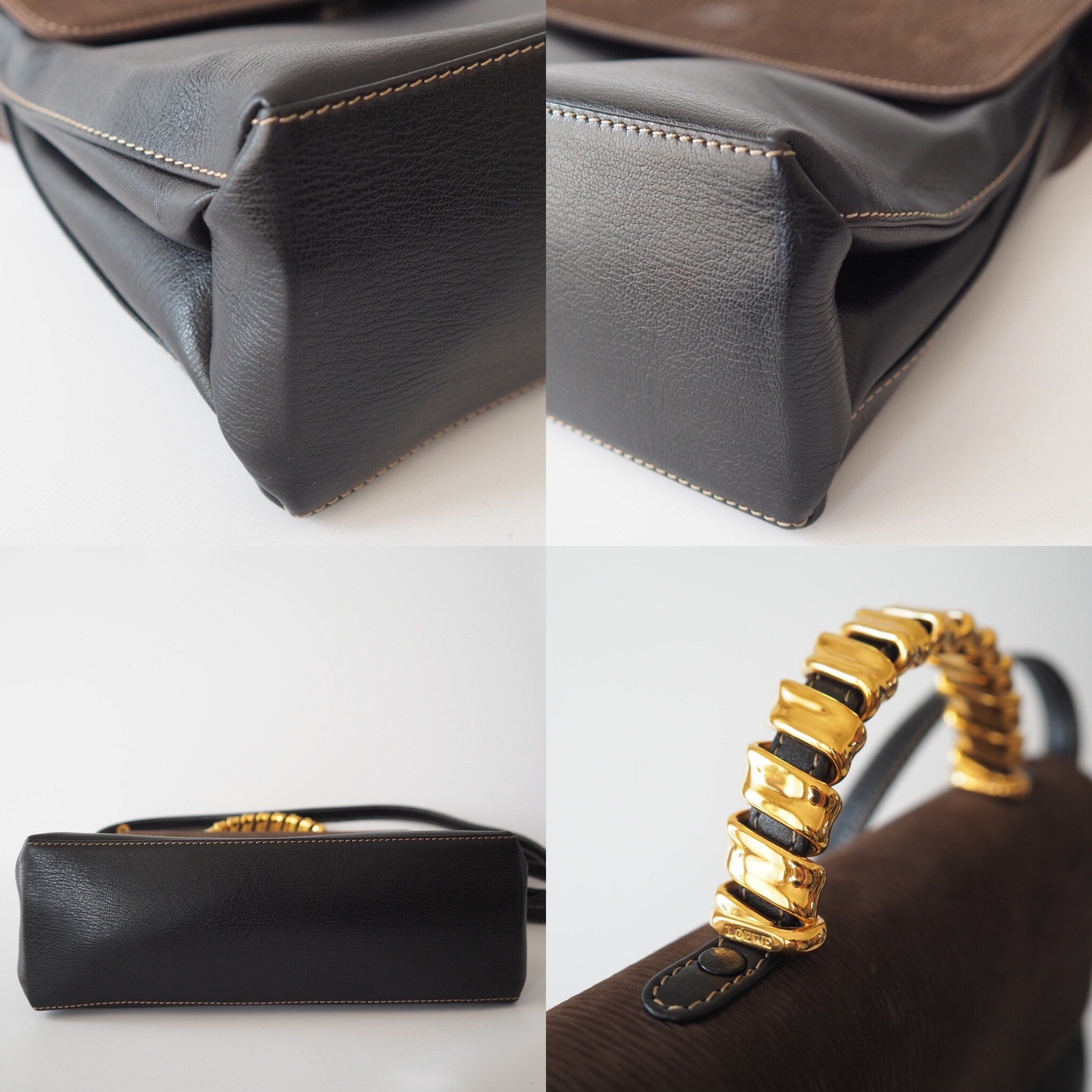 Authentic LOEWE VELAZQUEZ 2way Hand Bag Black Brown Combi Leather Vintage