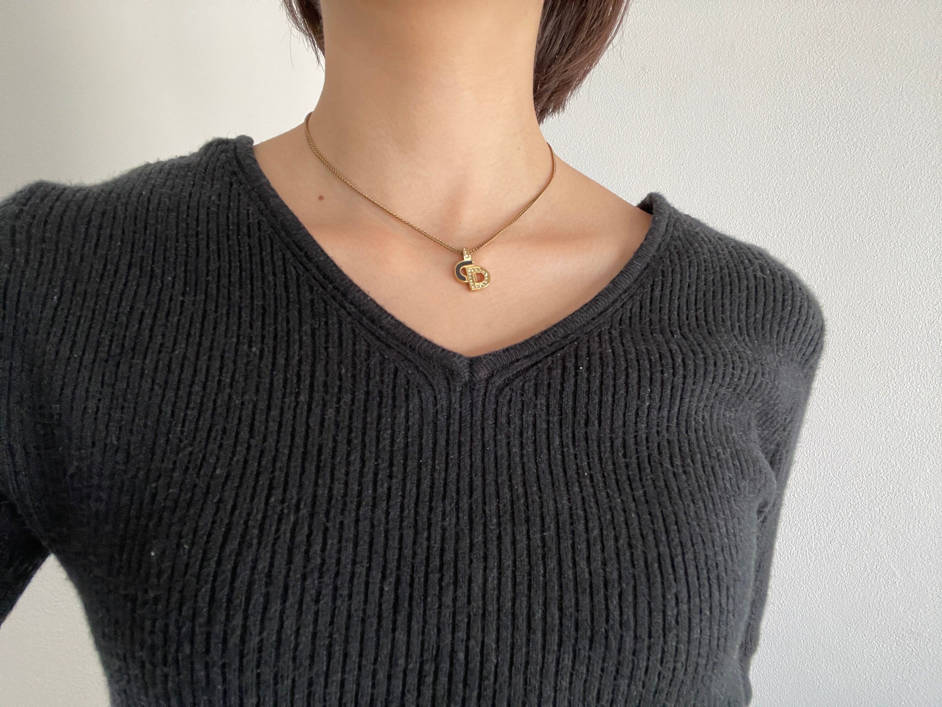 Christian Dior Necklace CD Logo Rhinestone Vintage Metal Gold Authentic