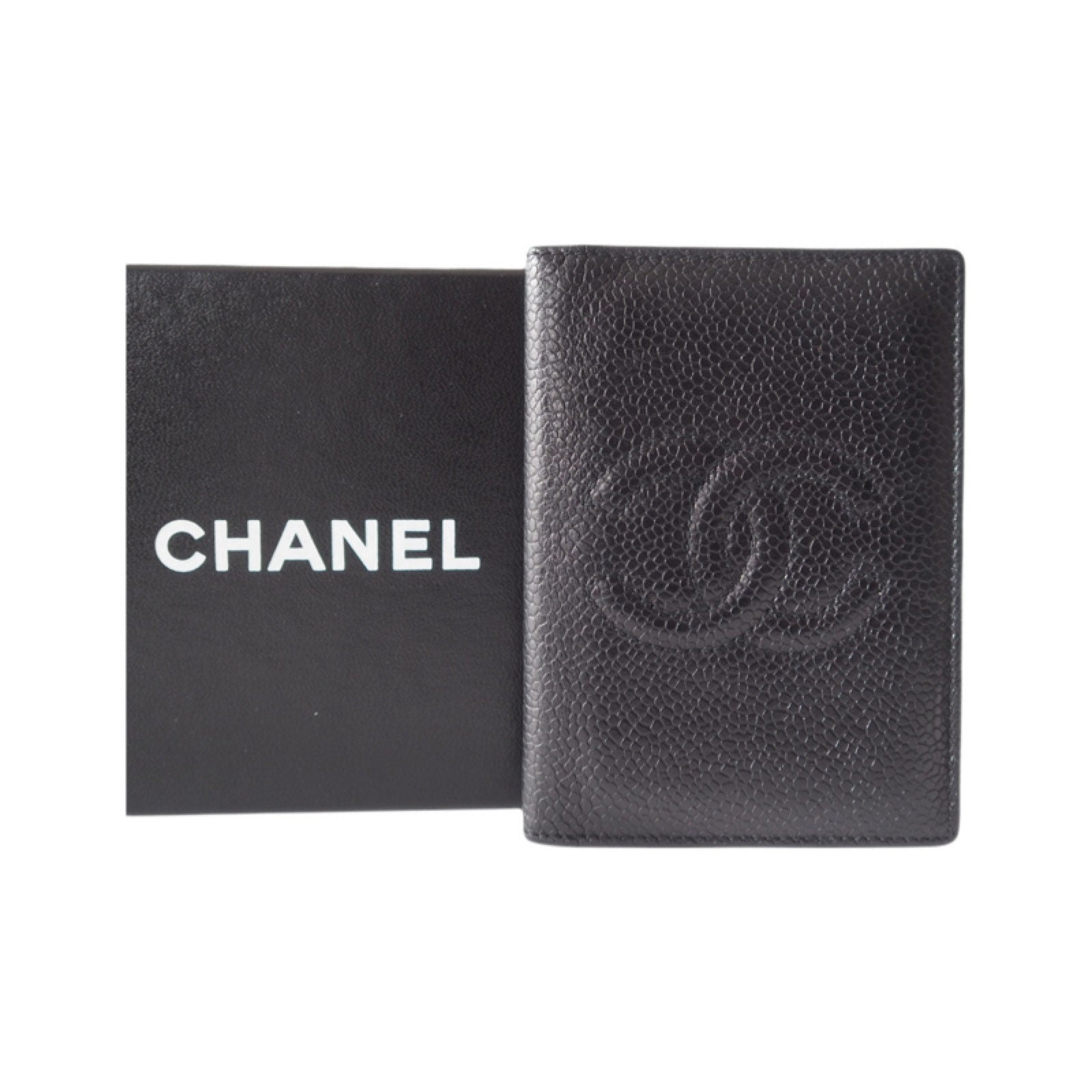 CHANEL Card Case Purse Caviar Skin CC Leather Black Authentic Vintage Box