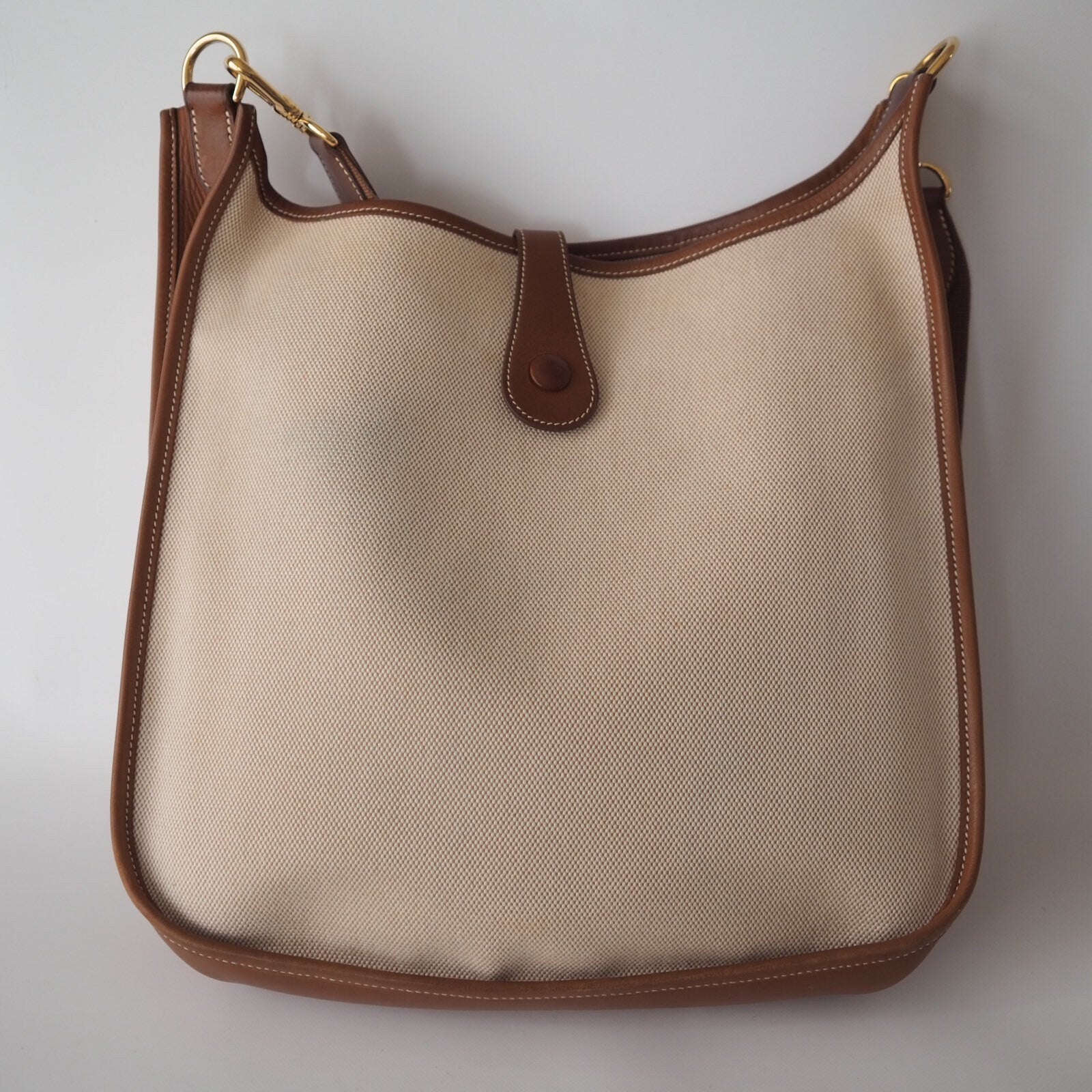 HERMES Evelyne GM Brown Canvas Leather Shoulder Bag Authentic