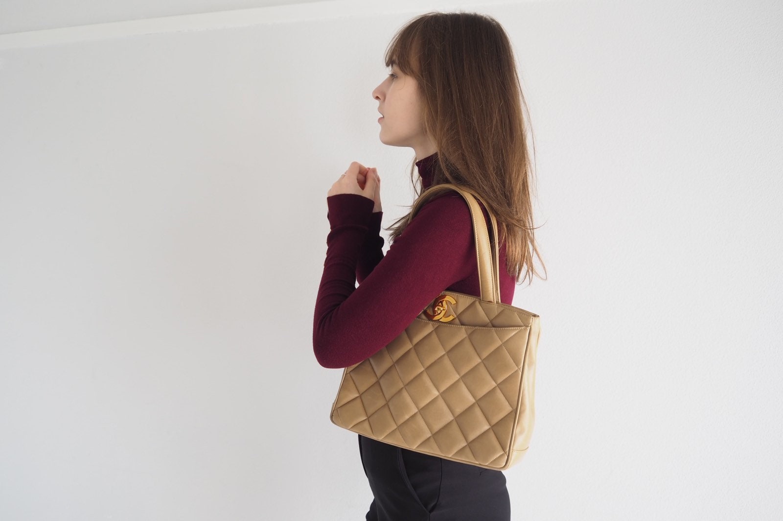 CHANEL Hand Tote Bag Beige Quilted CC Authentic Vintage