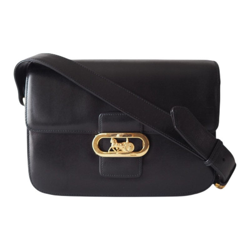 CELINE Sulky Metal parts Flap Shoulder bag Calf leather Black GHW Authentic Vintage Classical