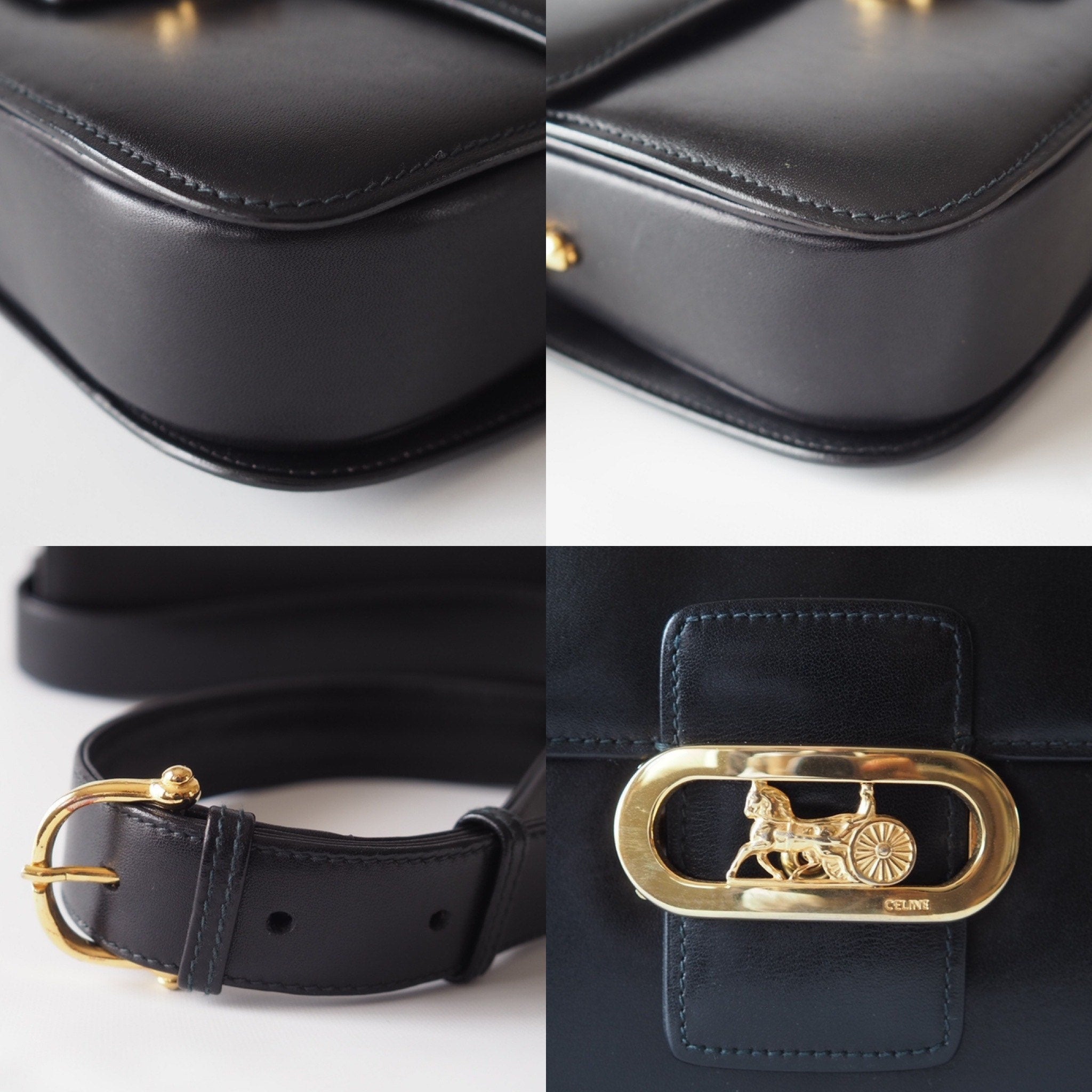 CELINE Sulky Metal parts Flap Shoulder bag Calf leather Black GHW Authentic Vintage Classical