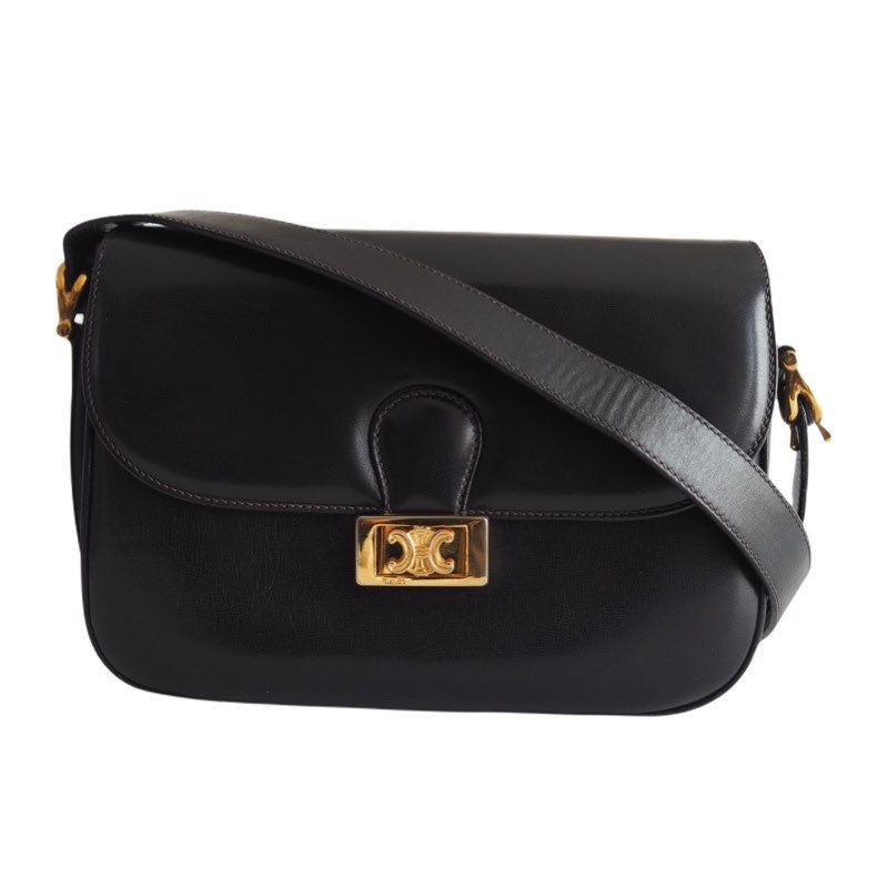 CELINE Macadam Brazon Metal Parts Flap Shoulder bag Calf leather Black GHW Authentic Vintage Classical