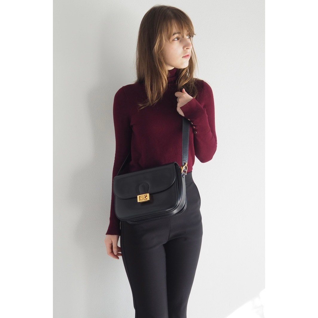 CELINE Macadam Brazon Metal Parts Flap Shoulder bag Calf leather Black GHW Authentic Vintage Classical