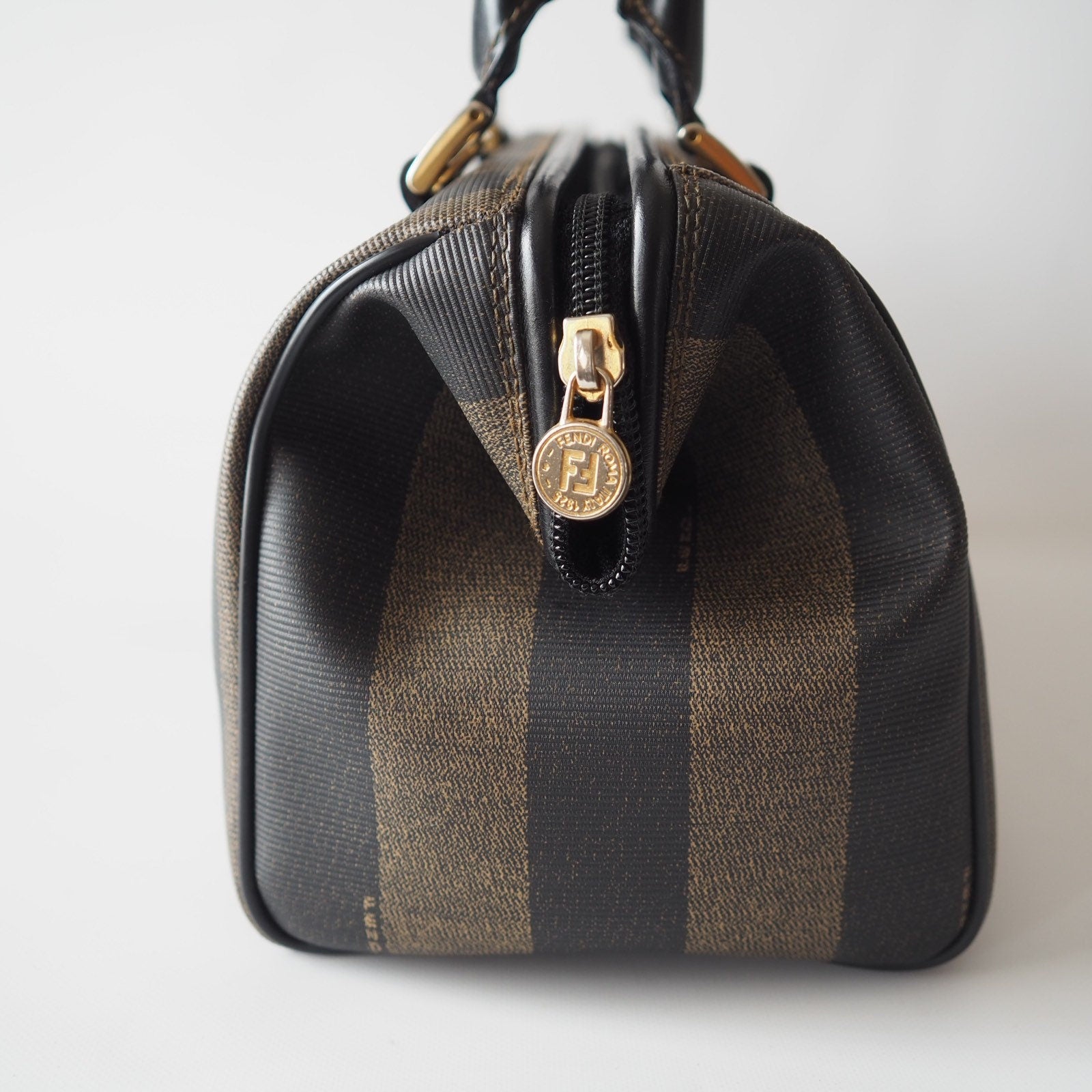 FENDI Pequin Hand Boston Bag Brown PVC Leather Vintage Auth