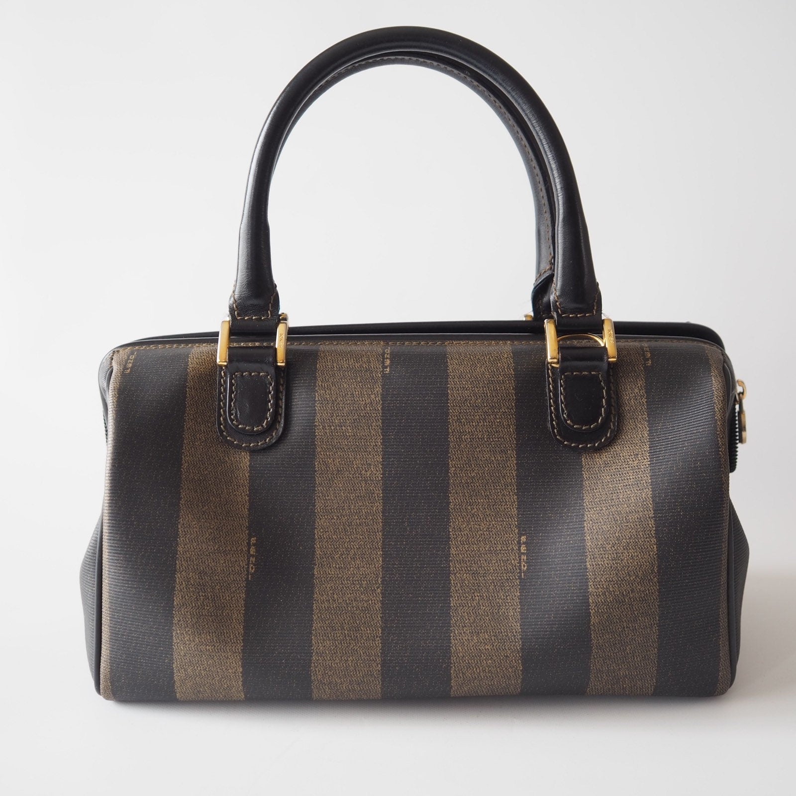 FENDI Pequin Hand Boston Bag Brown PVC Leather Vintage Auth