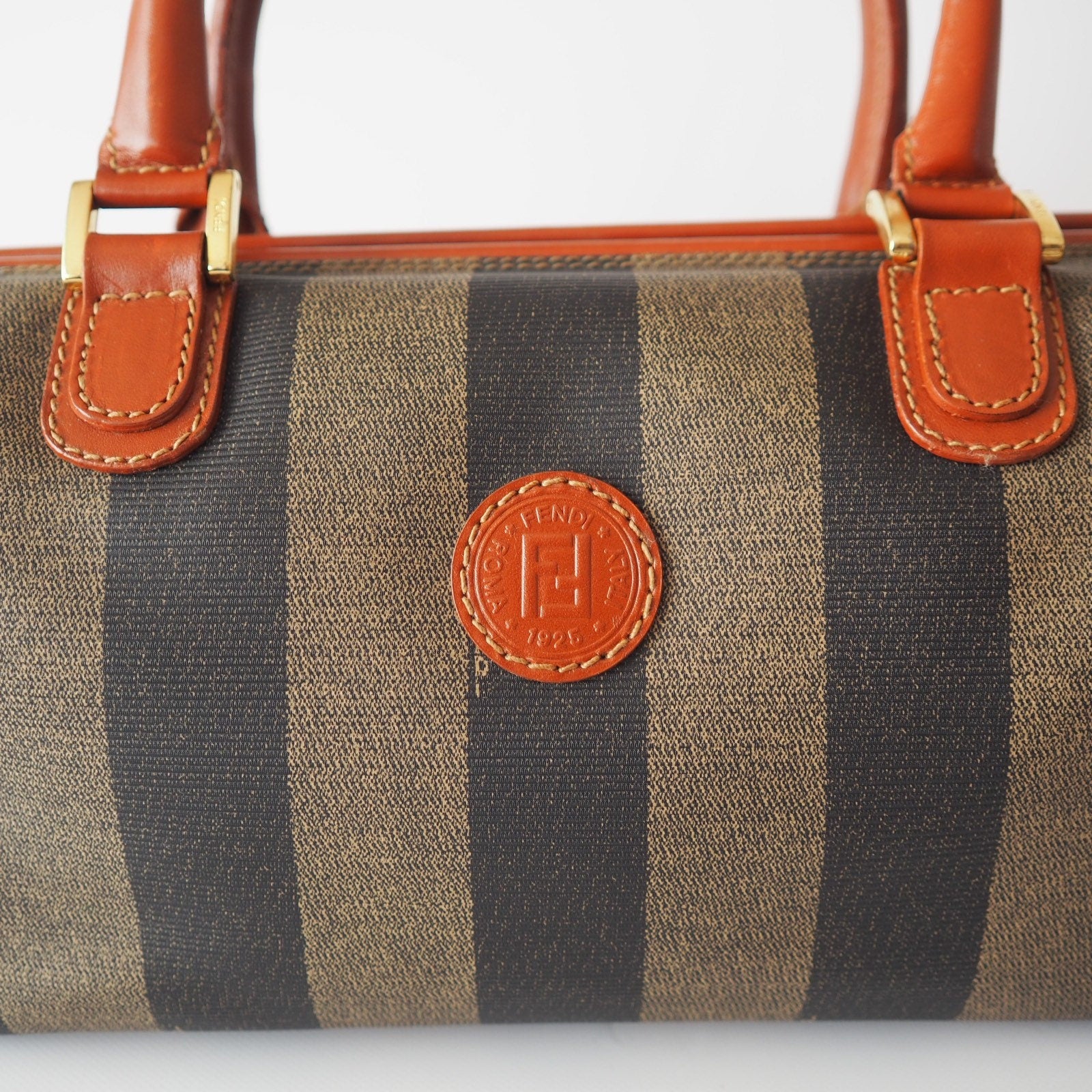 FENDI Pequin 2way Shoulder Boston Bag Brown PVC Leather Vintage Auth