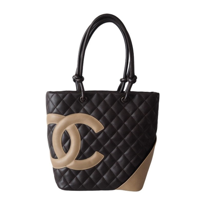 CHANEL Quilted CC Cambon Tote Shoulder Bag Brown Leather Vintage Authentic
