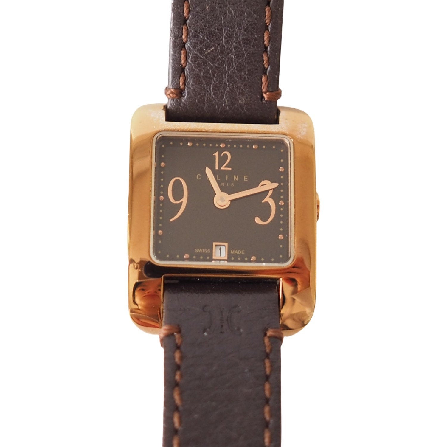 CELINE Watch Wristwatch Square Face Macadam Logo Gold Color Steel Quartz Vintage