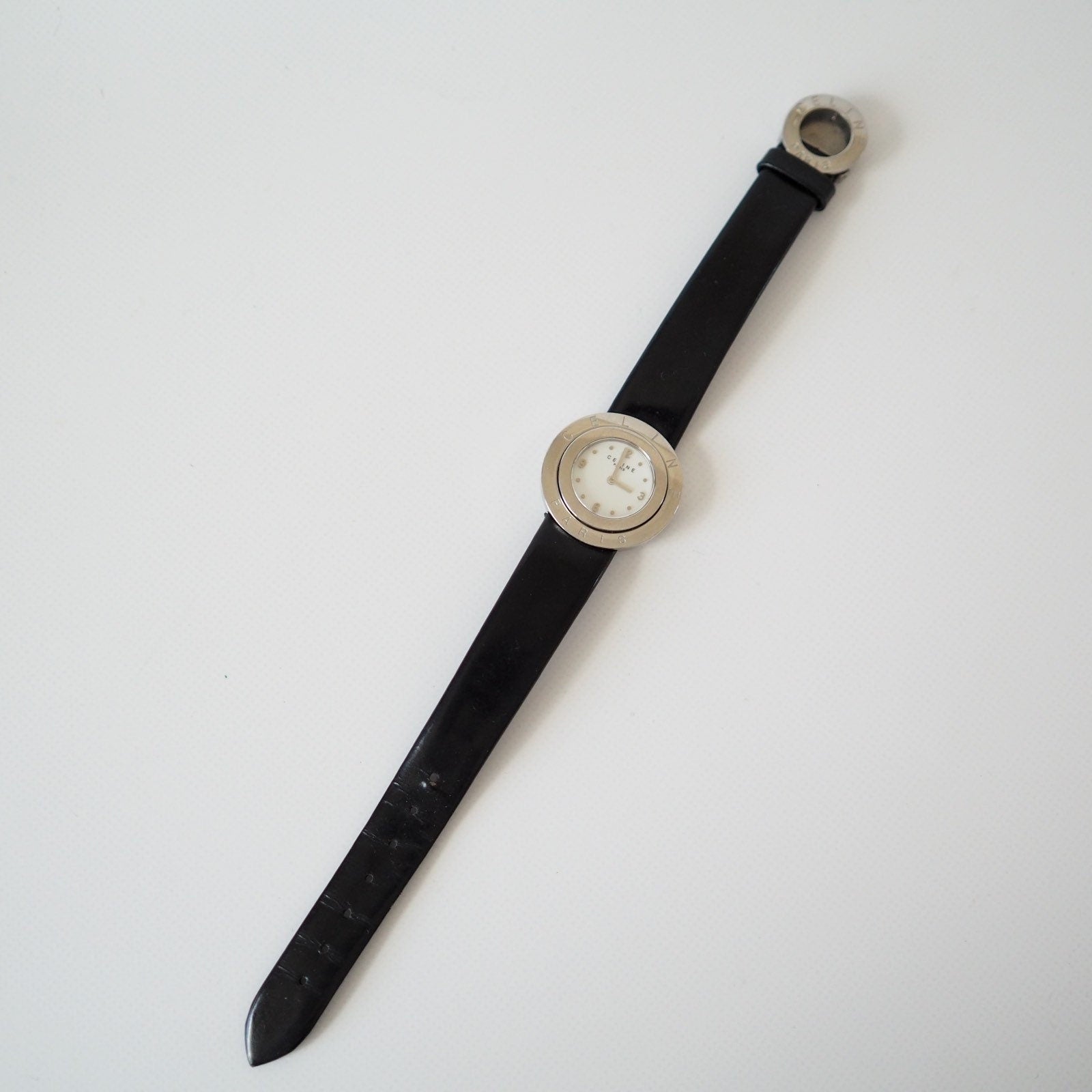 CELINE Watch Wristwatch Circle Face Logo Silver Color Steel Quartz Vintage