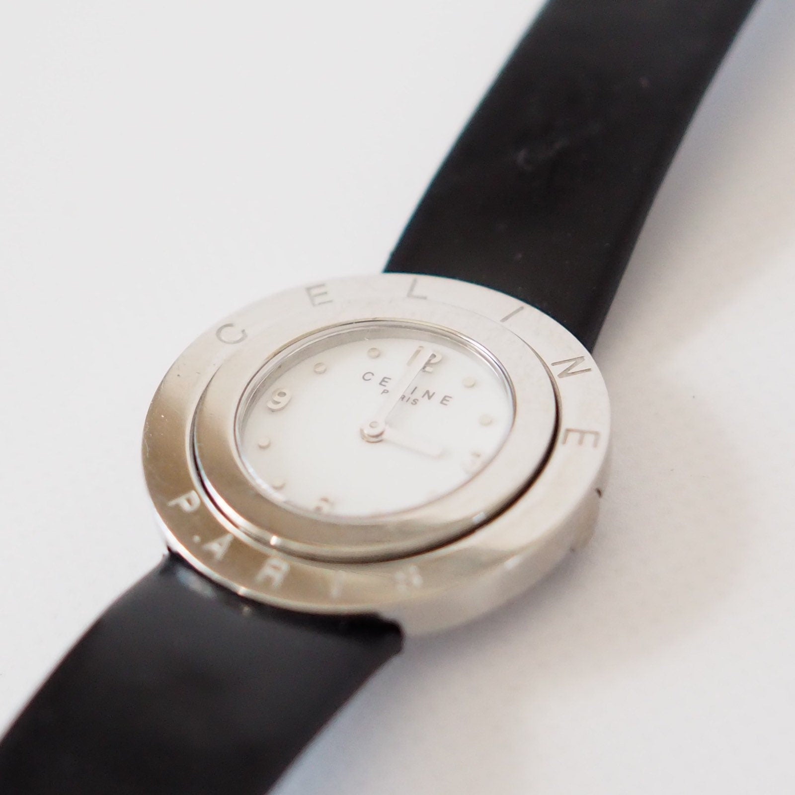 CELINE Watch Wristwatch Circle Face Logo Silver Color Steel Quartz Vintage