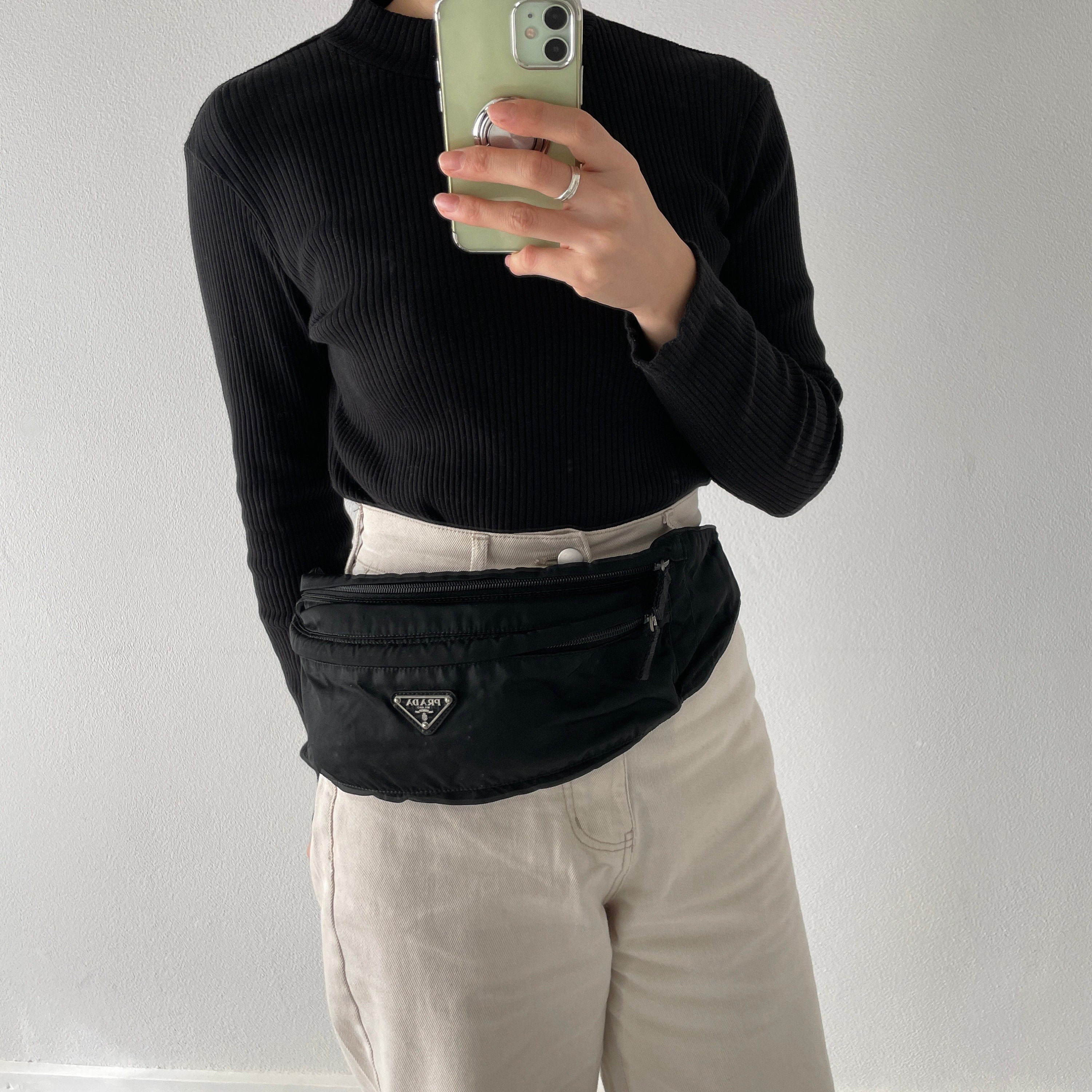 PRADA Nylon Body Bag Waist Pouch Black Logo Purse Authentic