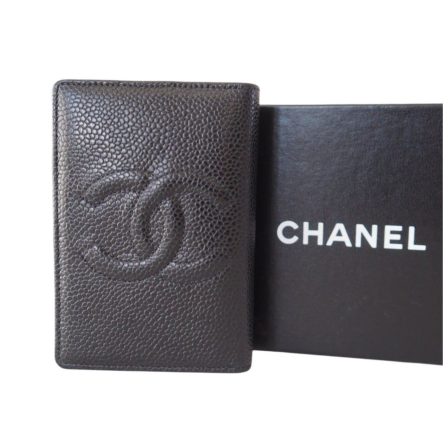 CHANEL Card Case Purse Caviar Skin CC Leather Black Authentic Vintage Box