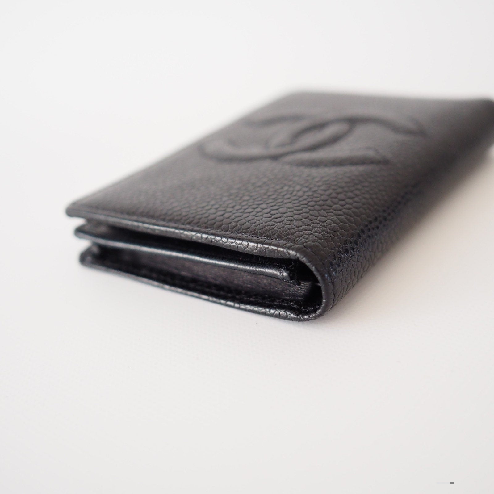 CHANEL Card Case Purse Caviar Skin CC Leather Black Authentic Vintage Box